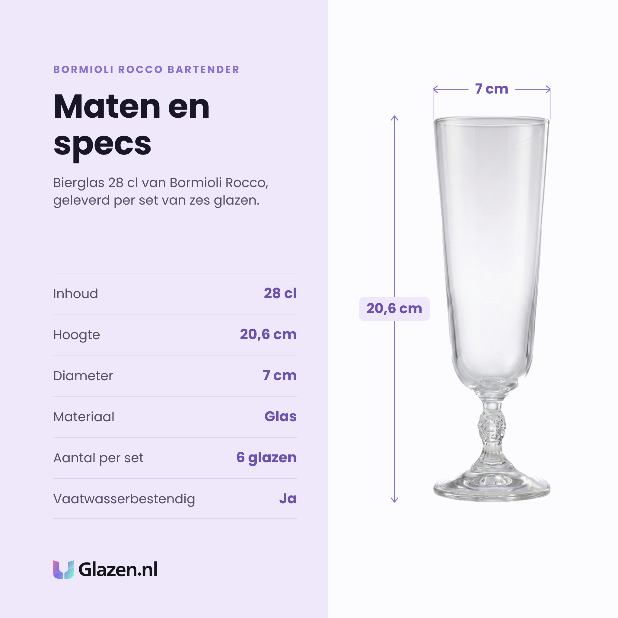Bormioli Rocco Bartender bierglas 28 cl specificaties: inhoud 28 cl, hoogte 20,6 cm, diameter 7 cm, glas, set van 6