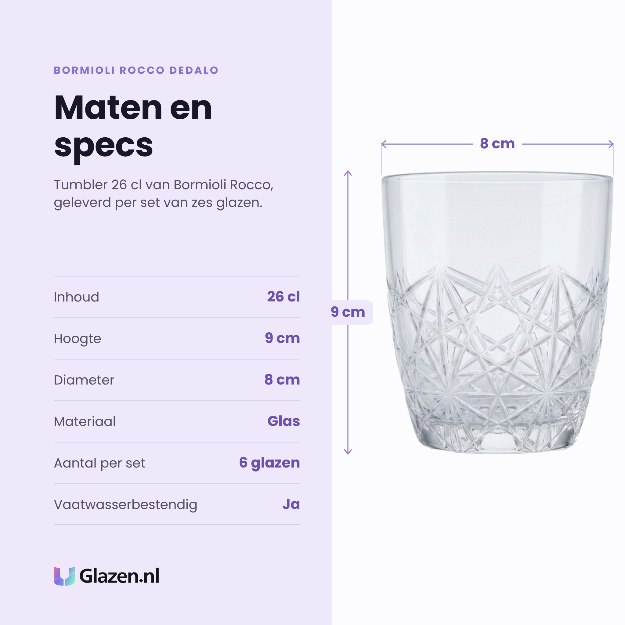 Bormioli Rocco Dedalo tumbler 26 cl specificaties: inhoud 26 cl, hoogte 9 cm, diameter 8 cm, glas, set van 6