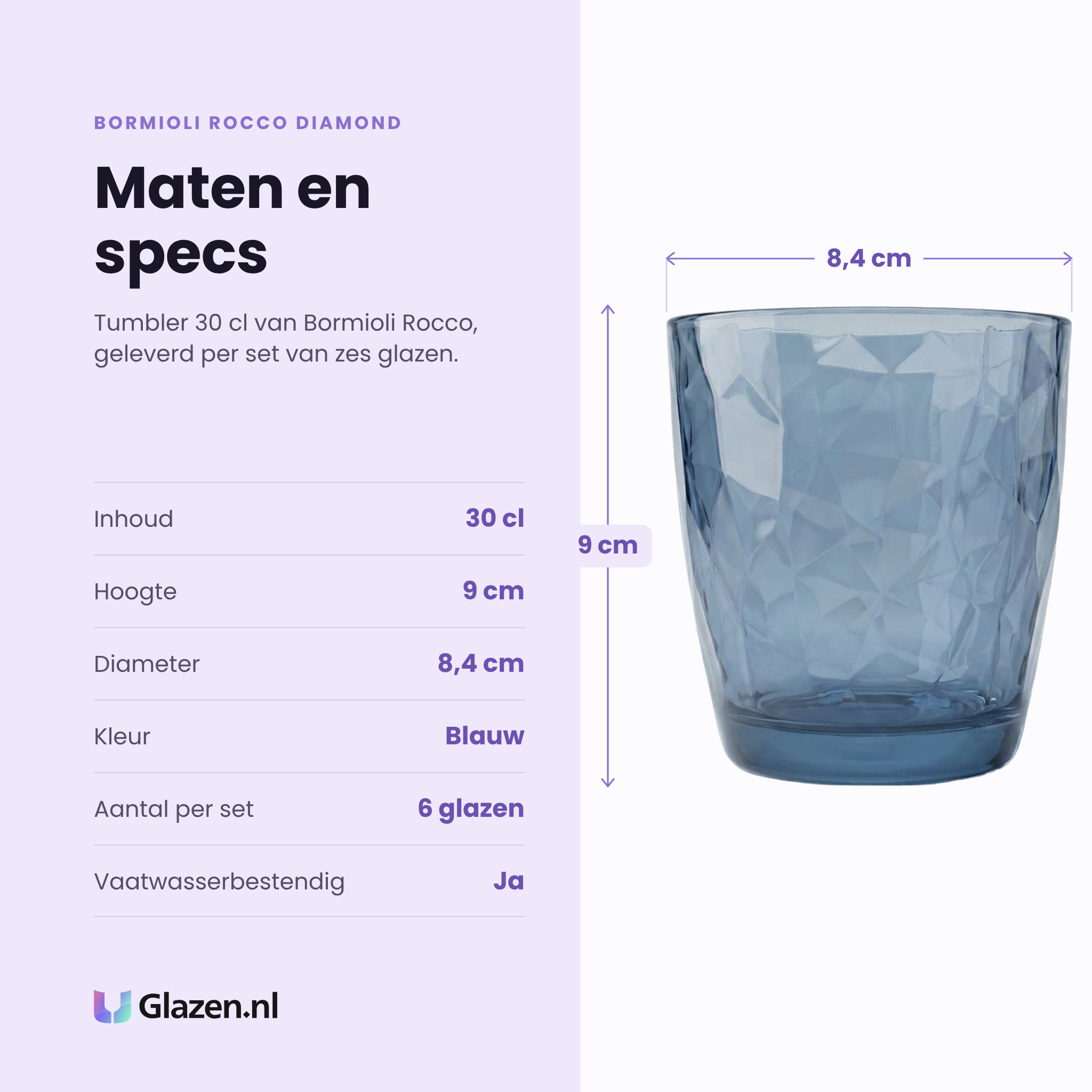 Bormioli Rocco Diamond tumbler 30 cl blauw specificaties: inhoud 30 cl, hoogte 9 cm, diameter 8,4 cm, blauw glas, set van 6