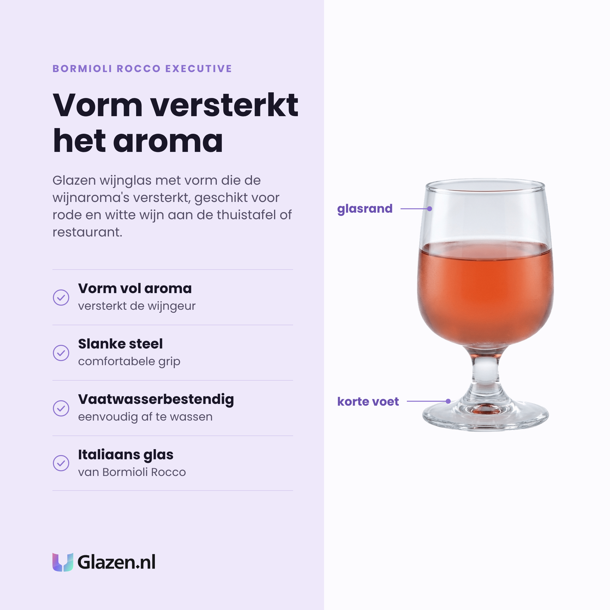 Bormioli Rocco Executive wijnglas 29 cl eigenschappen: vorm versterkt het wijnaroma, slanke steel met comfortabele grip, Italiaans glas, vaatwasserbestendig