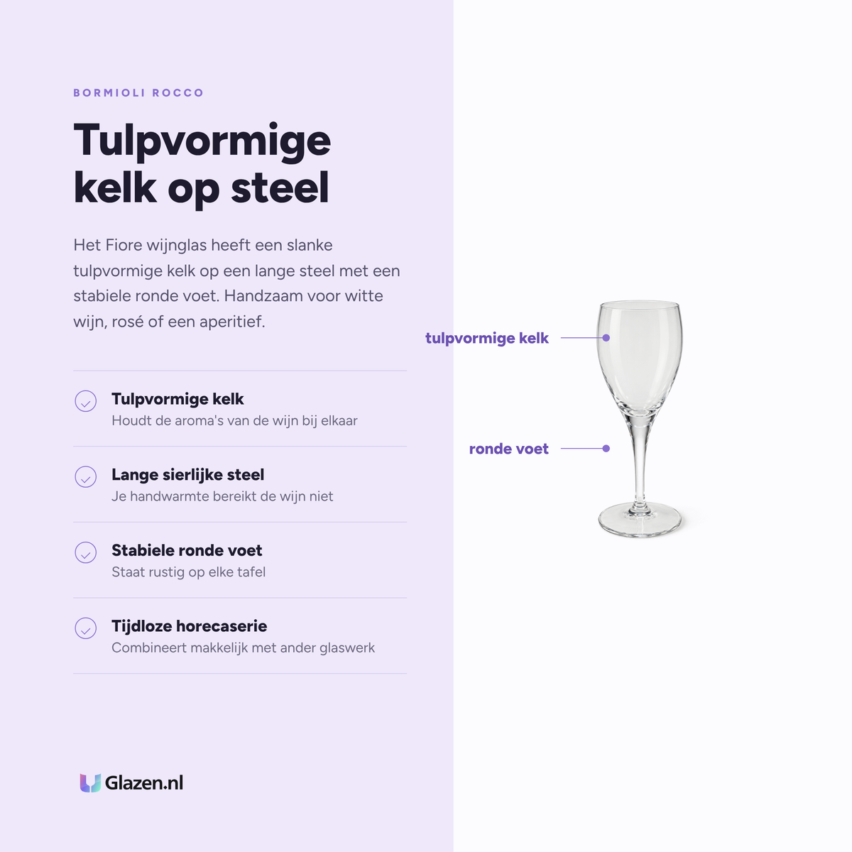 Infographic met de eigenschappen van Bormioli Rocco Fiore wijnglas 19,5 cl