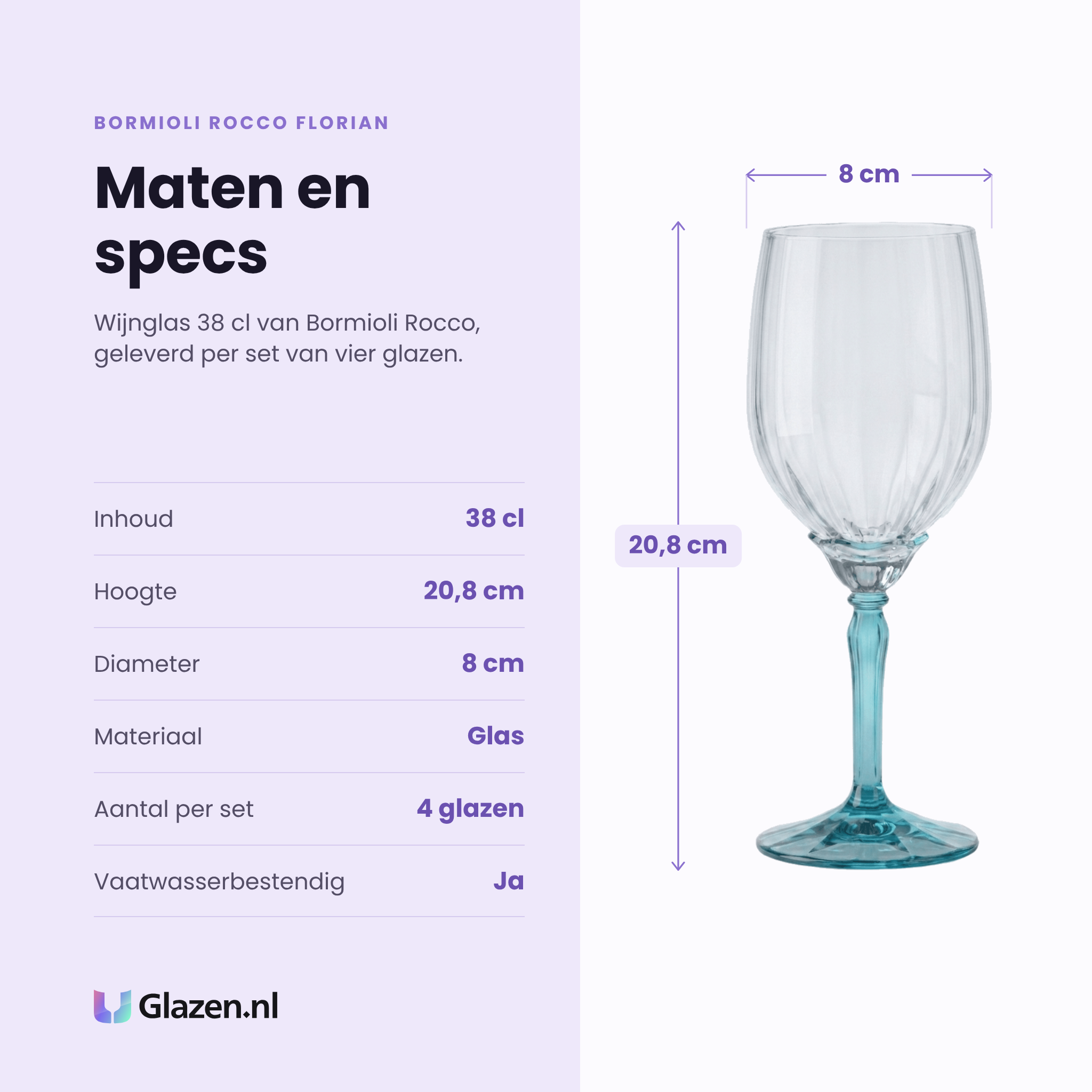 Bormioli Rocco Florian wijnglas 38 cl blauw specificaties: inhoud 38 cl, hoogte 20,8 cm, diameter 8 cm, glas, set van 4