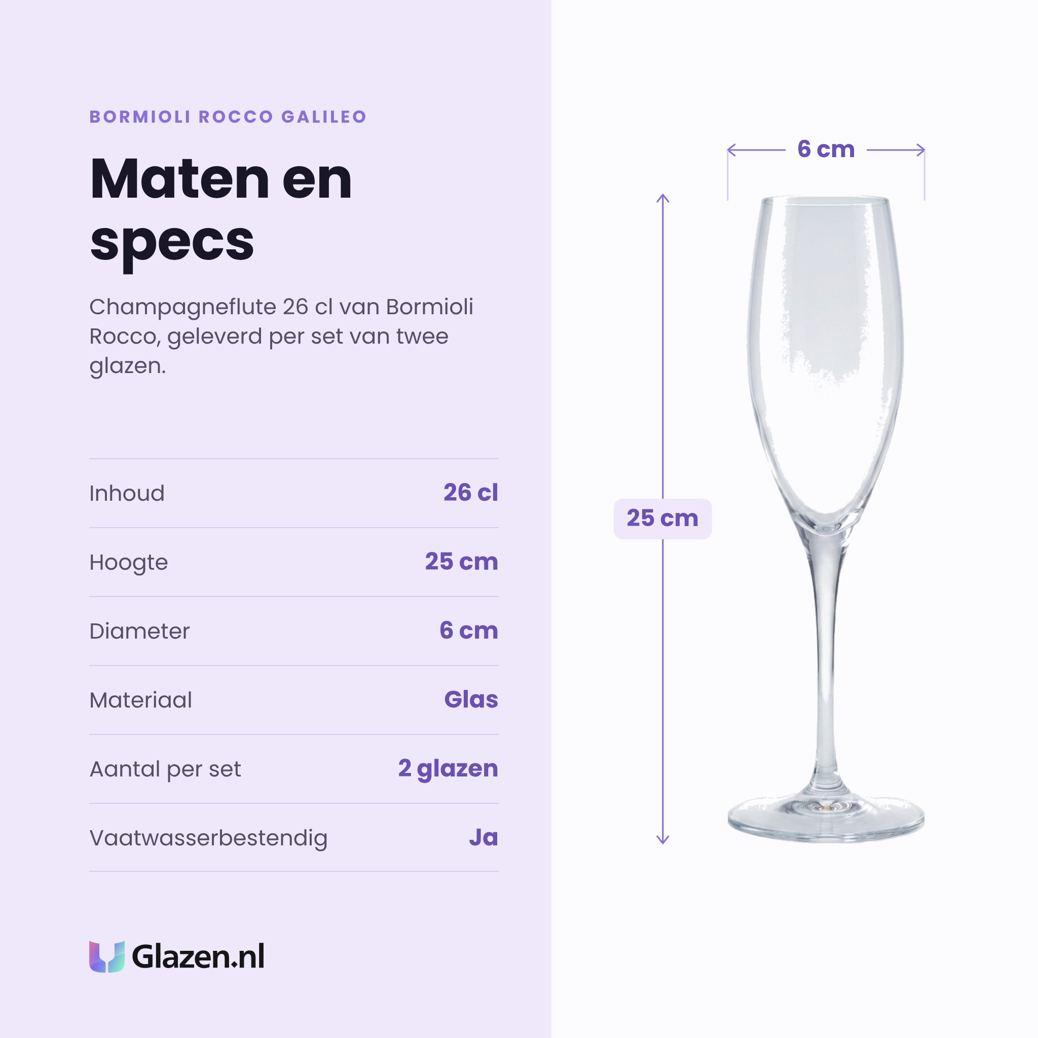 Bormioli Rocco Galileo champagneflute 26 cl specificaties: inhoud 26 cl, hoogte 25 cm, diameter 6 cm, glas, set van 2