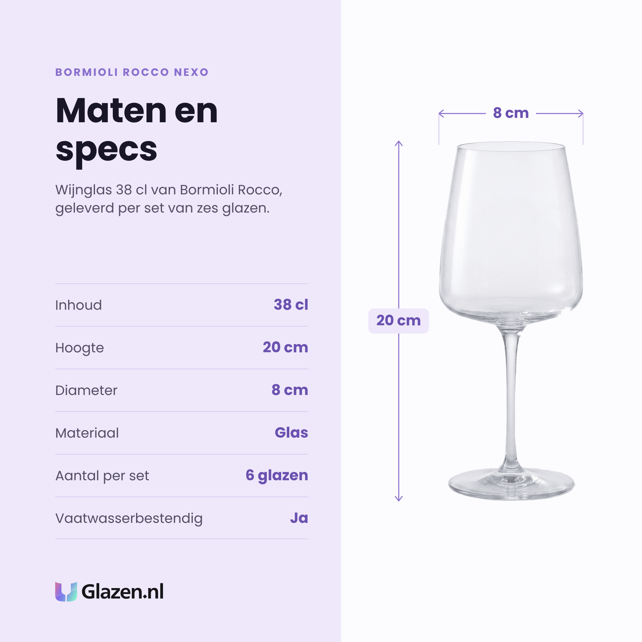 Bormioli Rocco Nexo wijnglas 38 cl specificaties: inhoud 38 cl, hoogte 20 cm, diameter 8 cm, glas, set van 6