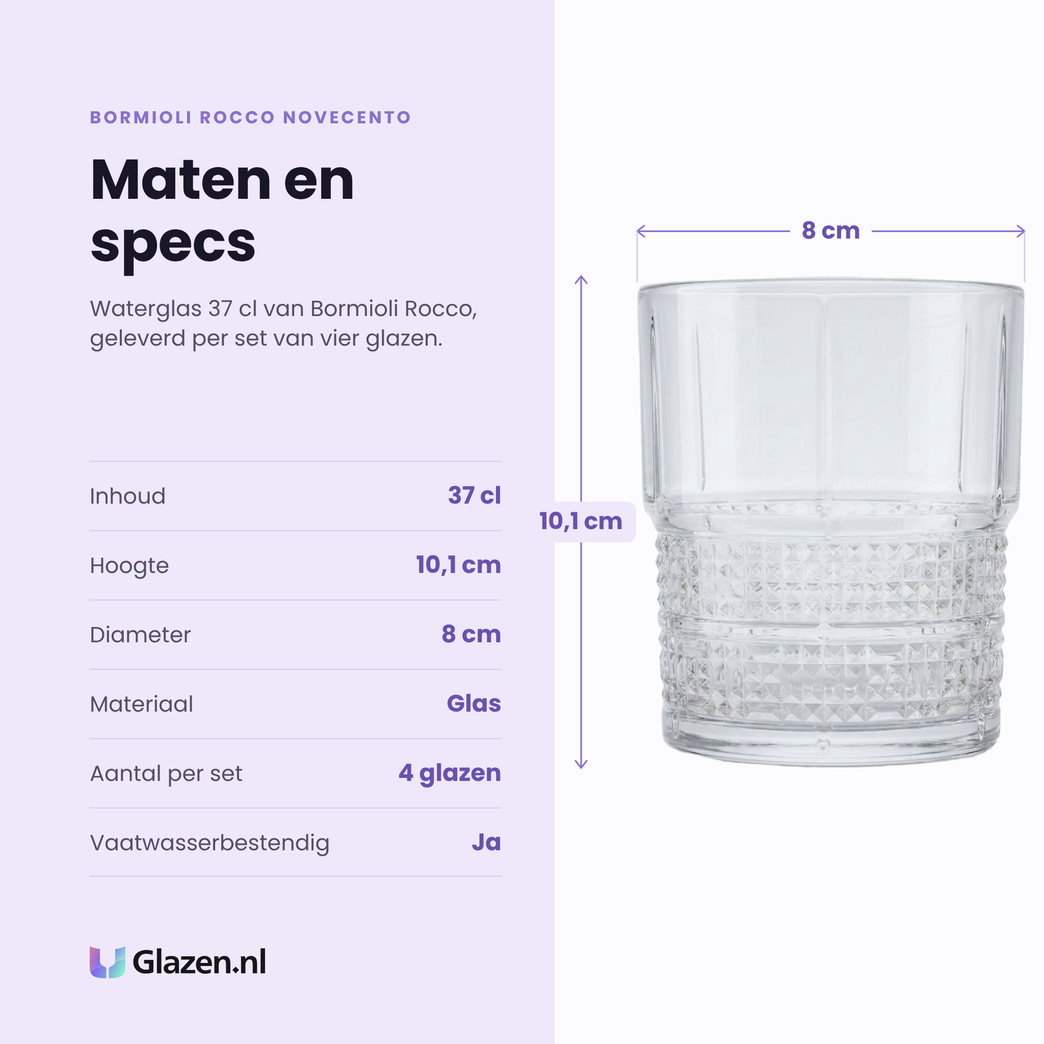 Bormioli Rocco Novecento waterglas 37 cl specificaties: inhoud 37 cl, hoogte 10,1 cm, diameter 8 cm, glas, set van 4