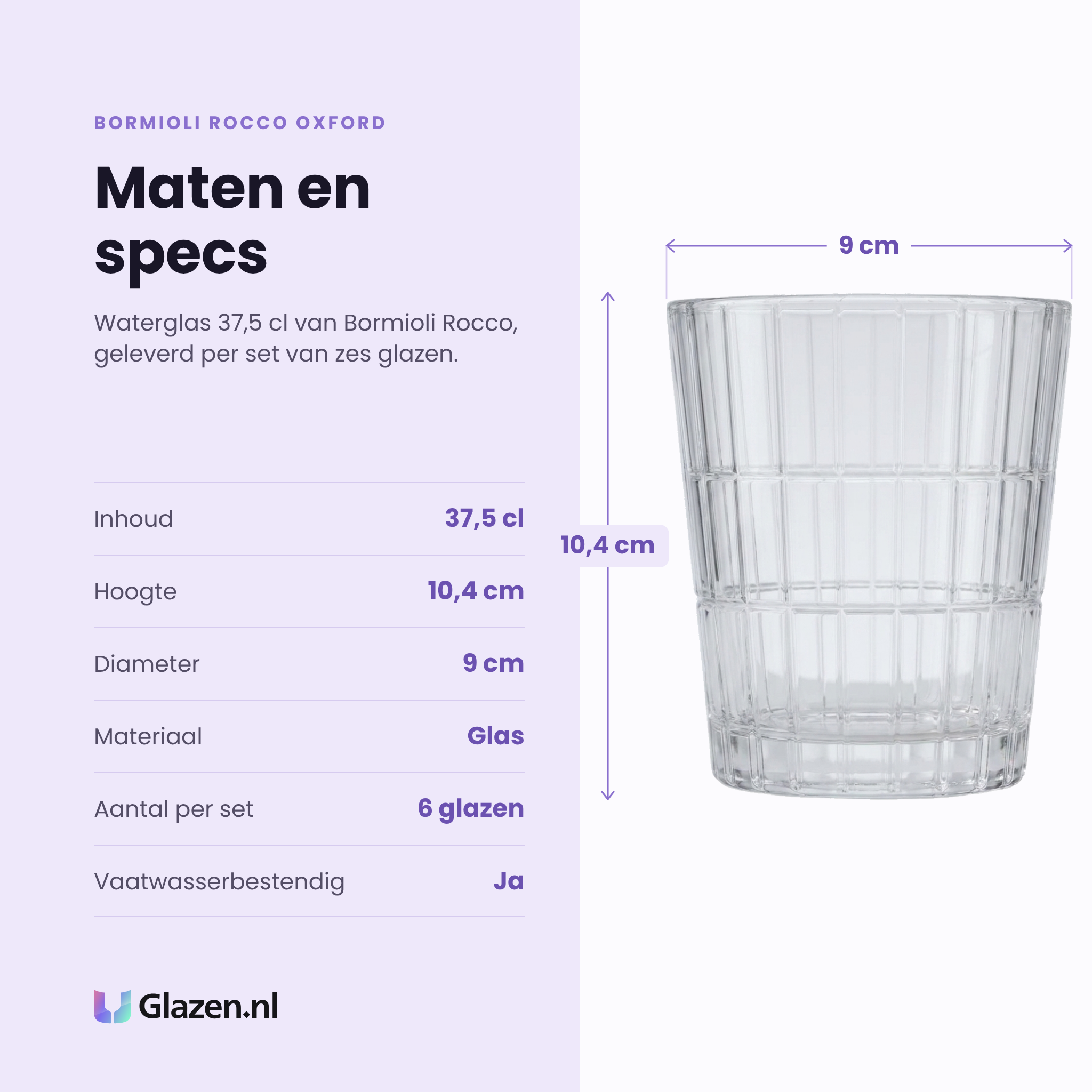 Bormioli Rocco Oxford waterglas 37,5 cl specificaties: inhoud 37,5 cl, hoogte 10,4 cm, diameter 9 cm, glas, set van 6