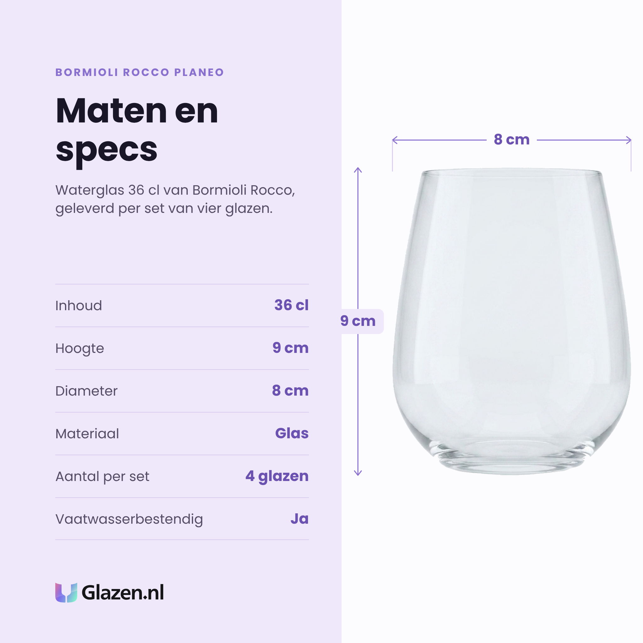 Bormioli Rocco Planeo waterglas 36 cl specificaties: inhoud 36 cl, hoogte 9 cm, diameter 8 cm, glas, set van 4