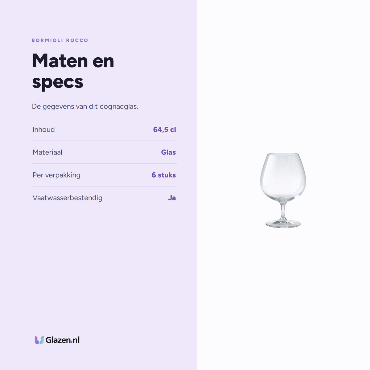 Maten en specs van de Bormioli Rocco Premium Cognacglas 64,5 Cl - 6 Stuks