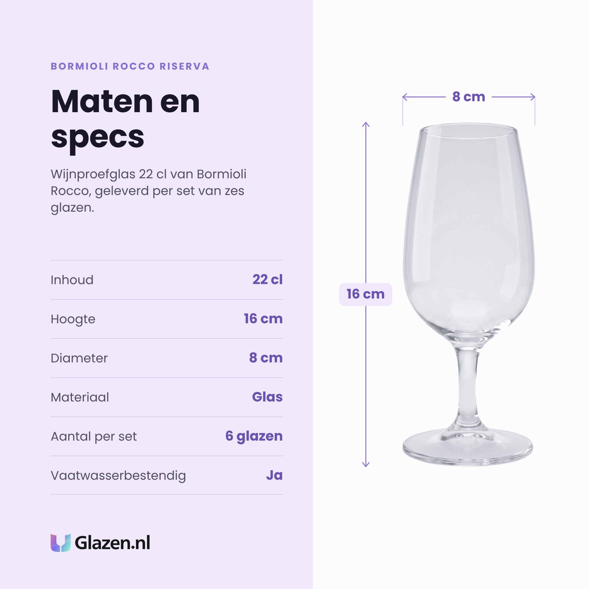 Bormioli Rocco Riserva wijnproefglas 22 cl specificaties: inhoud 22 cl, hoogte 16 cm, diameter 8 cm, glas, set van 6