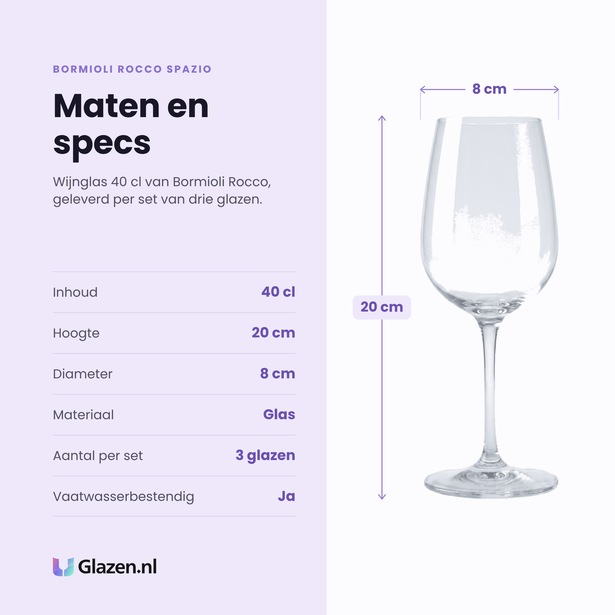 Bormioli Rocco Spazio wijnglas 40 cl specificaties: inhoud 40 cl, hoogte 20 cm, diameter 8 cm, glas, set van 3