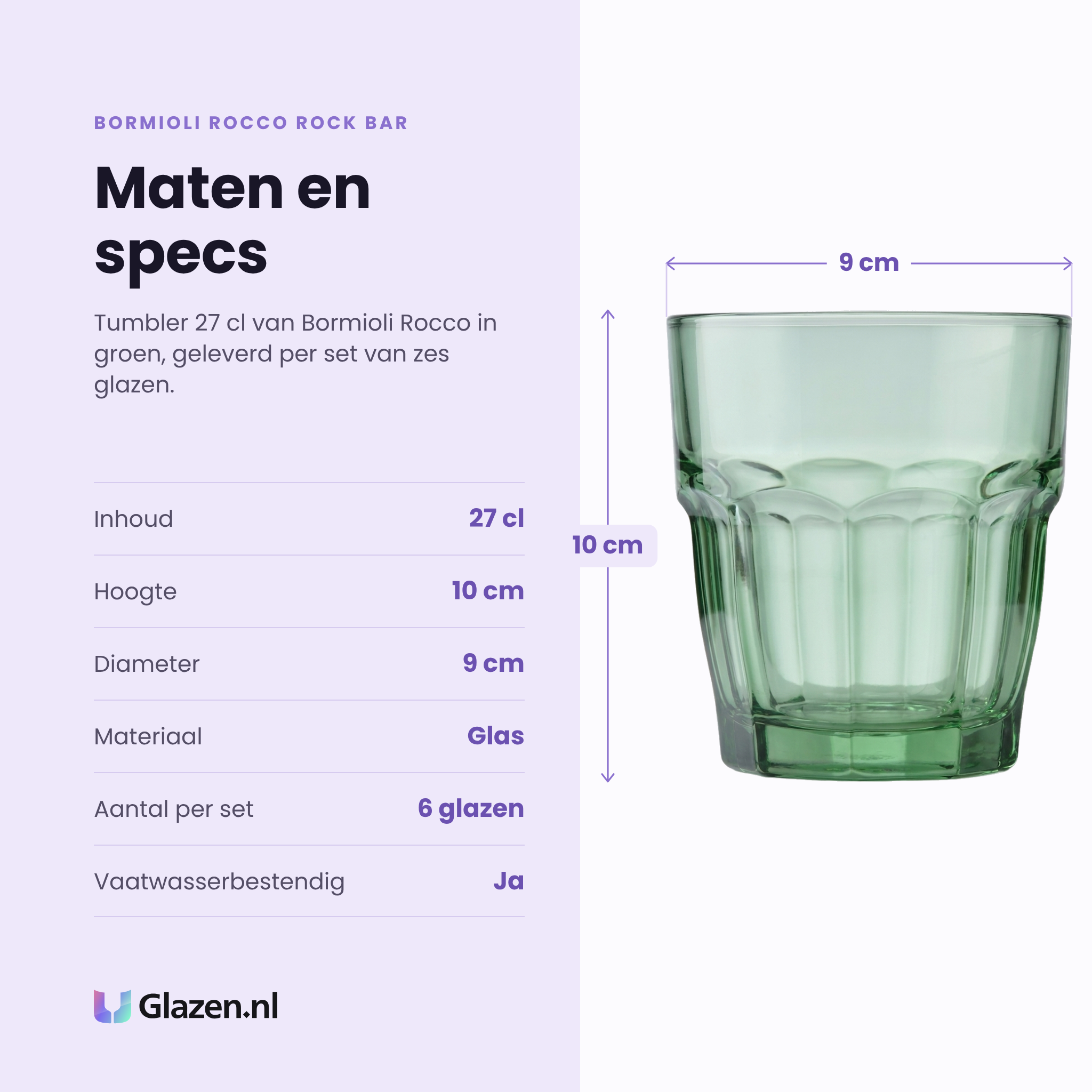 Bormioli Rocco Rock Bar tumbler 27 cl groen specificaties: inhoud 27 cl, hoogte 10 cm, diameter 9 cm, glas, set van 6