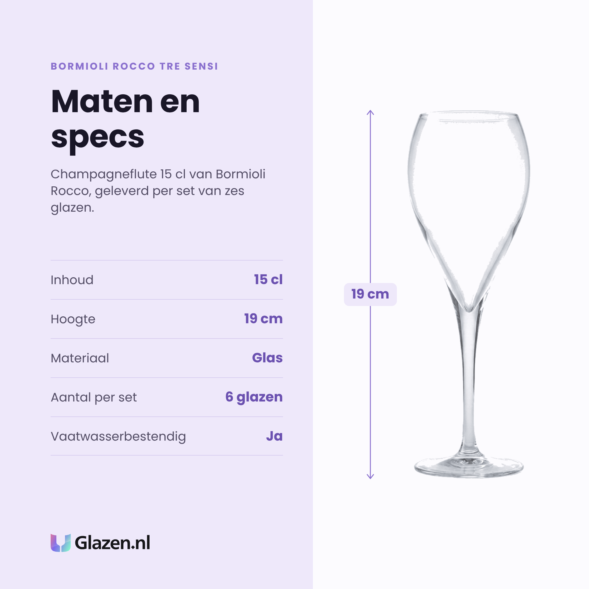 Bormioli Rocco Tre Sensi champagneglas 15 cl specificaties: inhoud 15 cl, hoogte 19 cm, glas, set van 6
