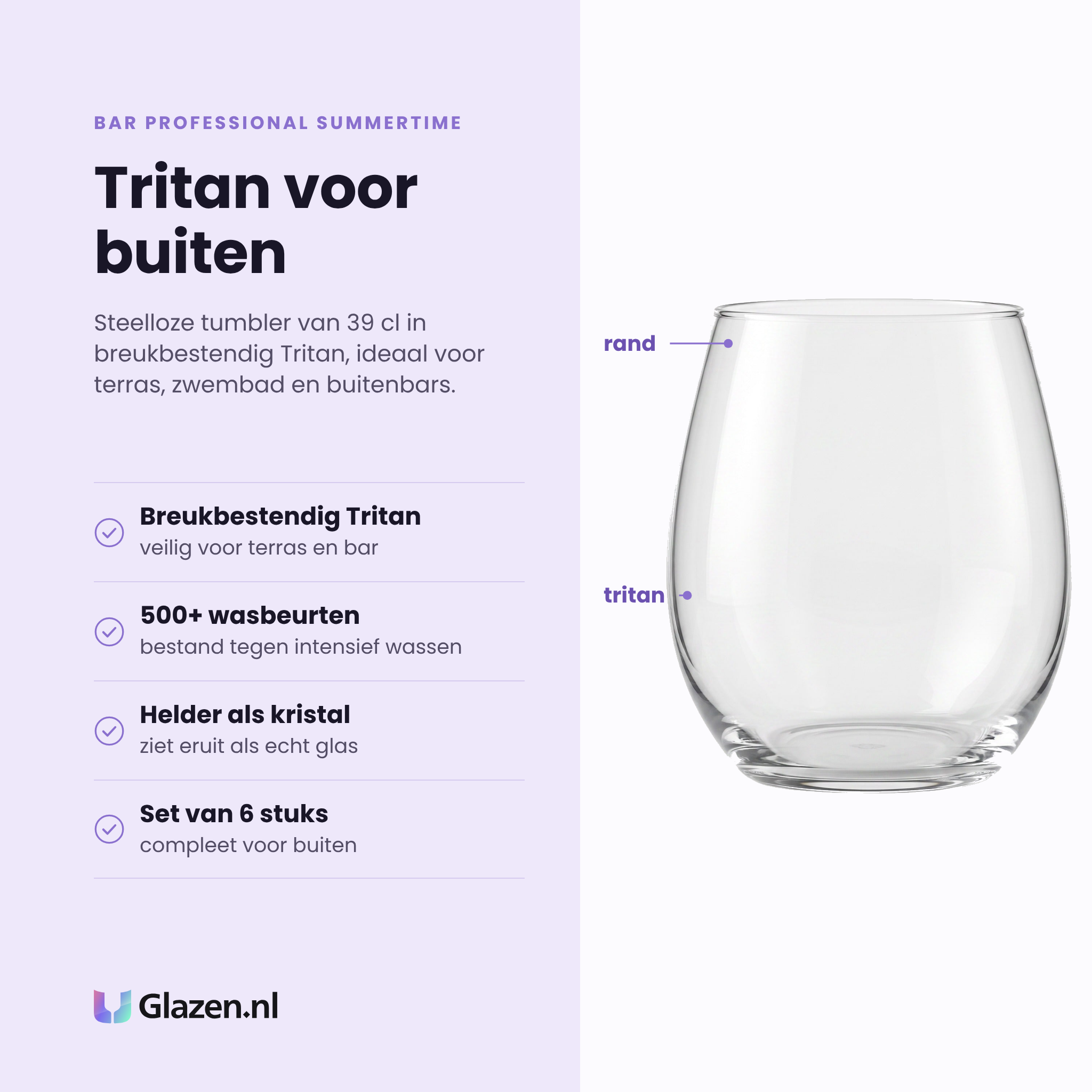 Bar Professional Summertime tumbler kunststof 39 cl eigenschappen: breukbestendig Tritan, bestand tegen 500 wasbeurten, helder als kristalglas, set van 6 stuks