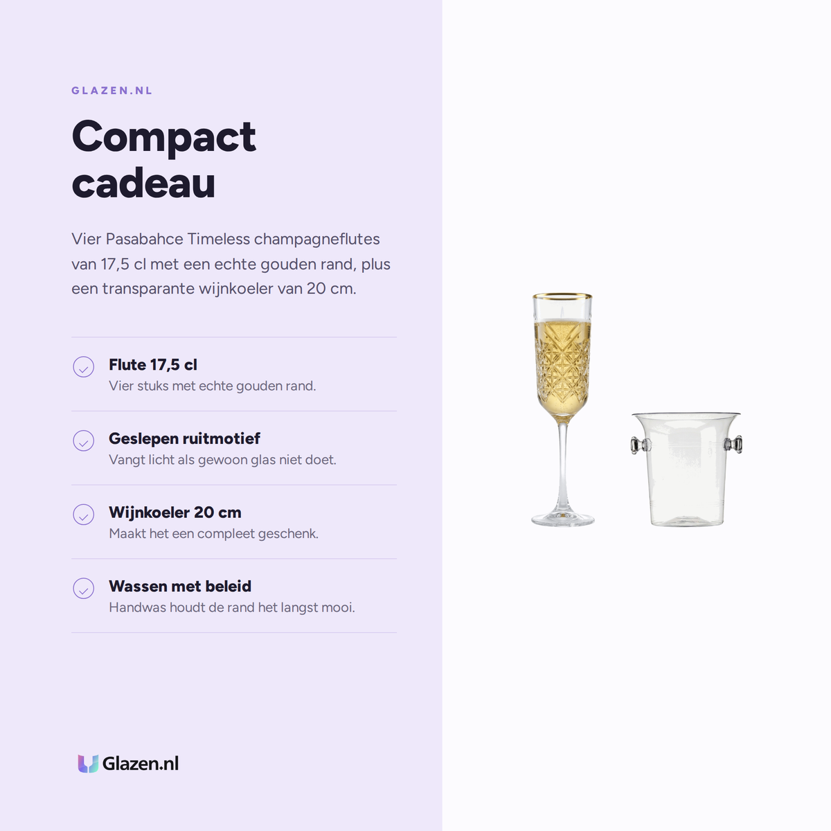 Eigenschappen van de Cadeaubox Bubbels 5-Delig (4 Flutes met Gouden Rand & Wijnkoeler)