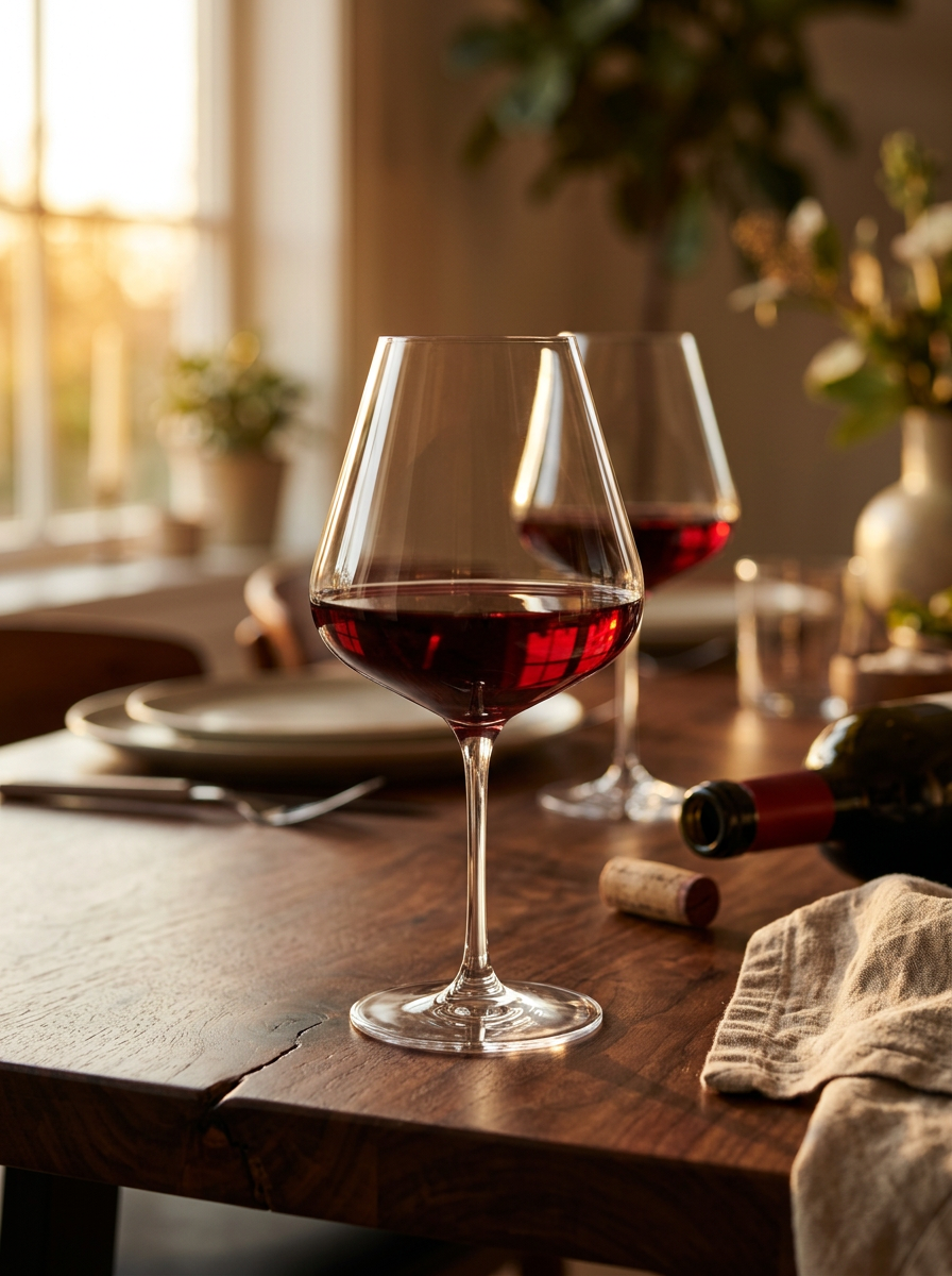 Spiegelau Definition Bourgogne 96 cl met rode wijn op een gedekte eettafel