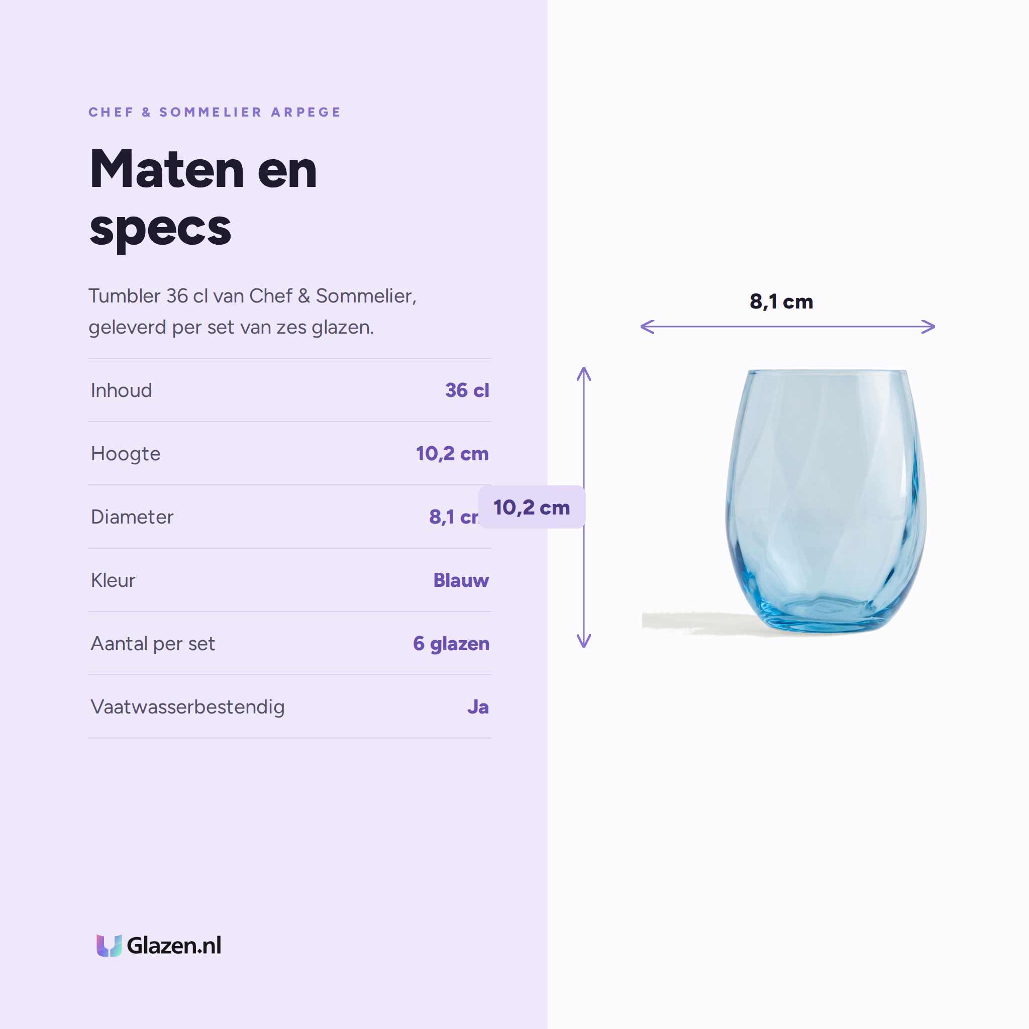 Chef & Sommelier Arpege Tumbler 36 Cl Blauw specificaties: inhoud 36 cl, hoogte 10,2 cm, diameter 8,1 cm, kleur Blauw, aantal per set 6 glazen, vaatwasserbestendig Ja