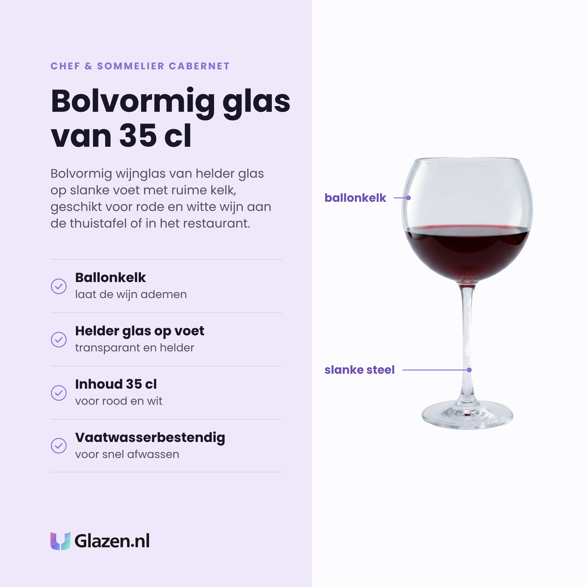Chef & Sommelier Cabernet Ballon wijnglas 35 cl eigenschappen: ballonkelk laat de wijn ademen, helder glas op voet, inhoud 35 cl, vaatwasserbestendig