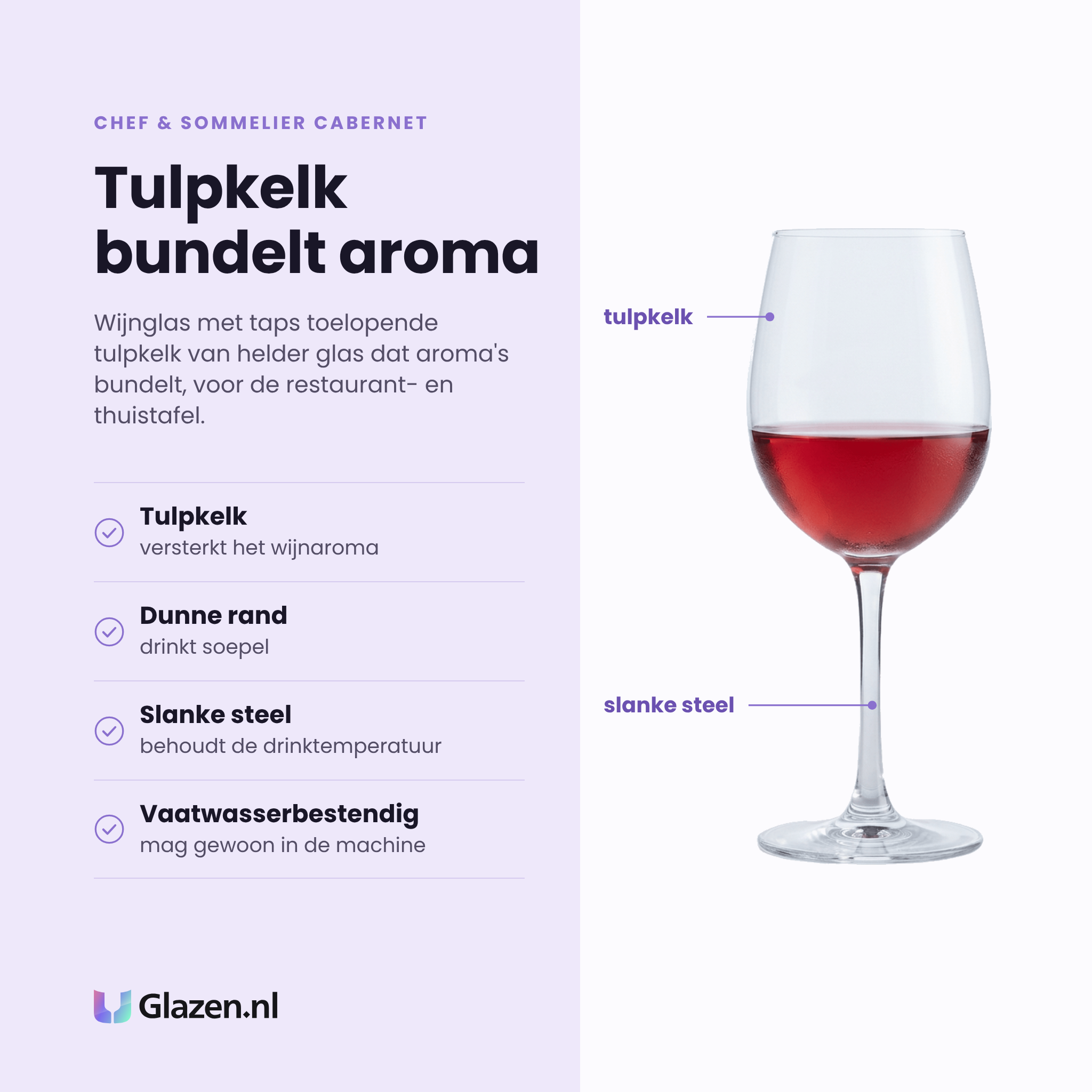 Chef & Sommelier Cabernet wijnglas 35 cl eigenschappen: tulpkelk, dunne rand, slanke steel, vaatwasserbestendig