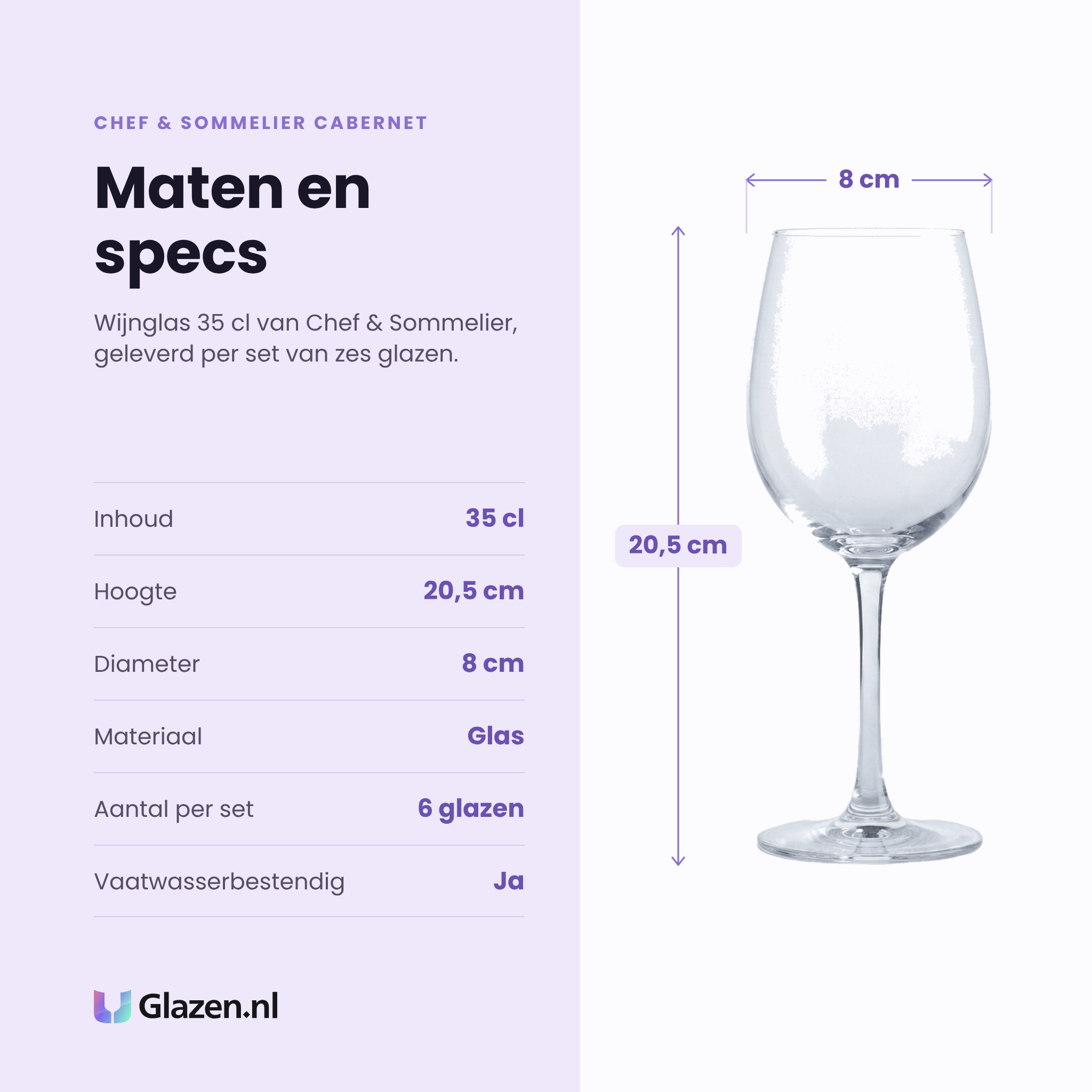Chef & Sommelier Cabernet wijnglas 35 cl specificaties: inhoud 35 cl, hoogte 20,5 cm, diameter 8 cm, glas, set van 6