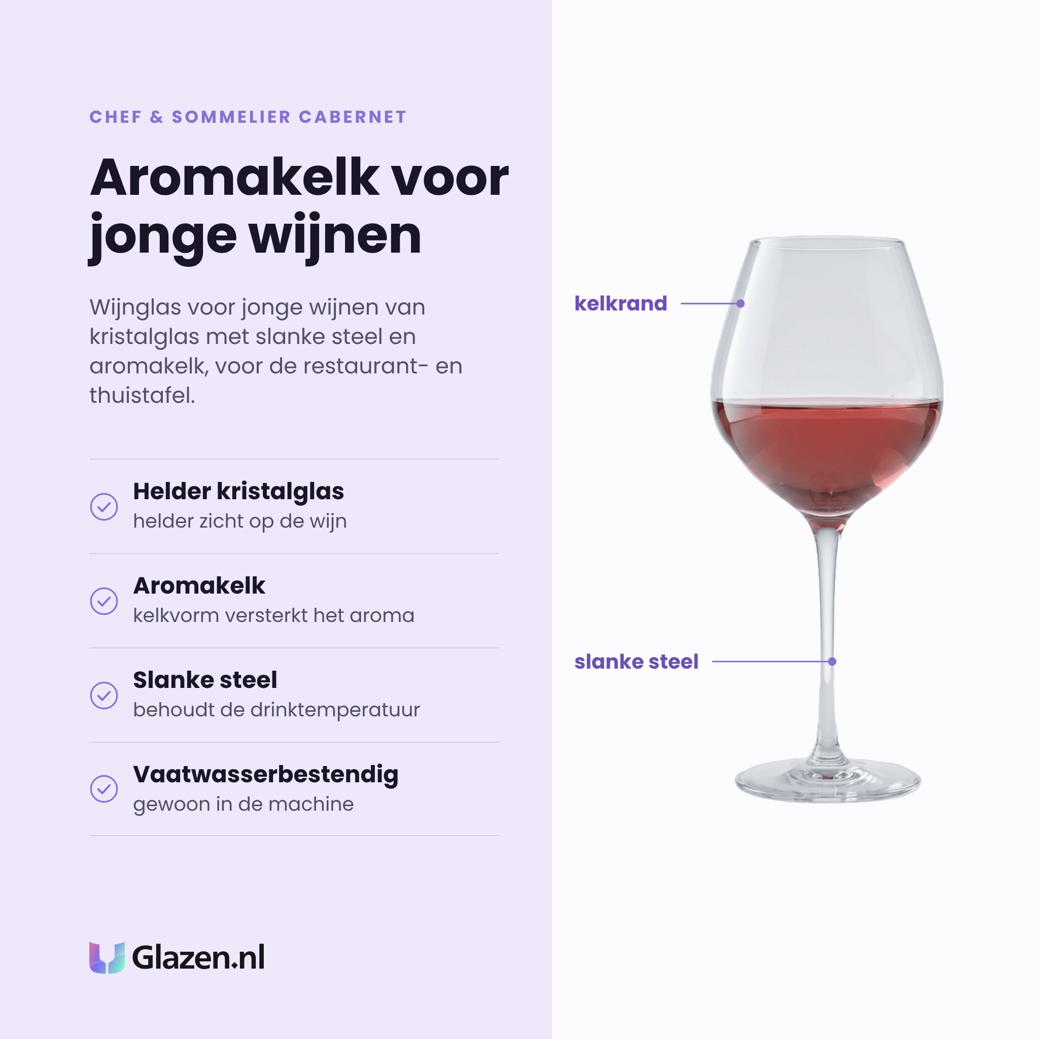Chef & Sommelier Cabernet Young Wines wijnglas 47 cl eigenschappen: helder kristalglas, aromakelk versterkt het aroma, slanke steel behoudt de drinktemperatuur, vaatwasserbestendig