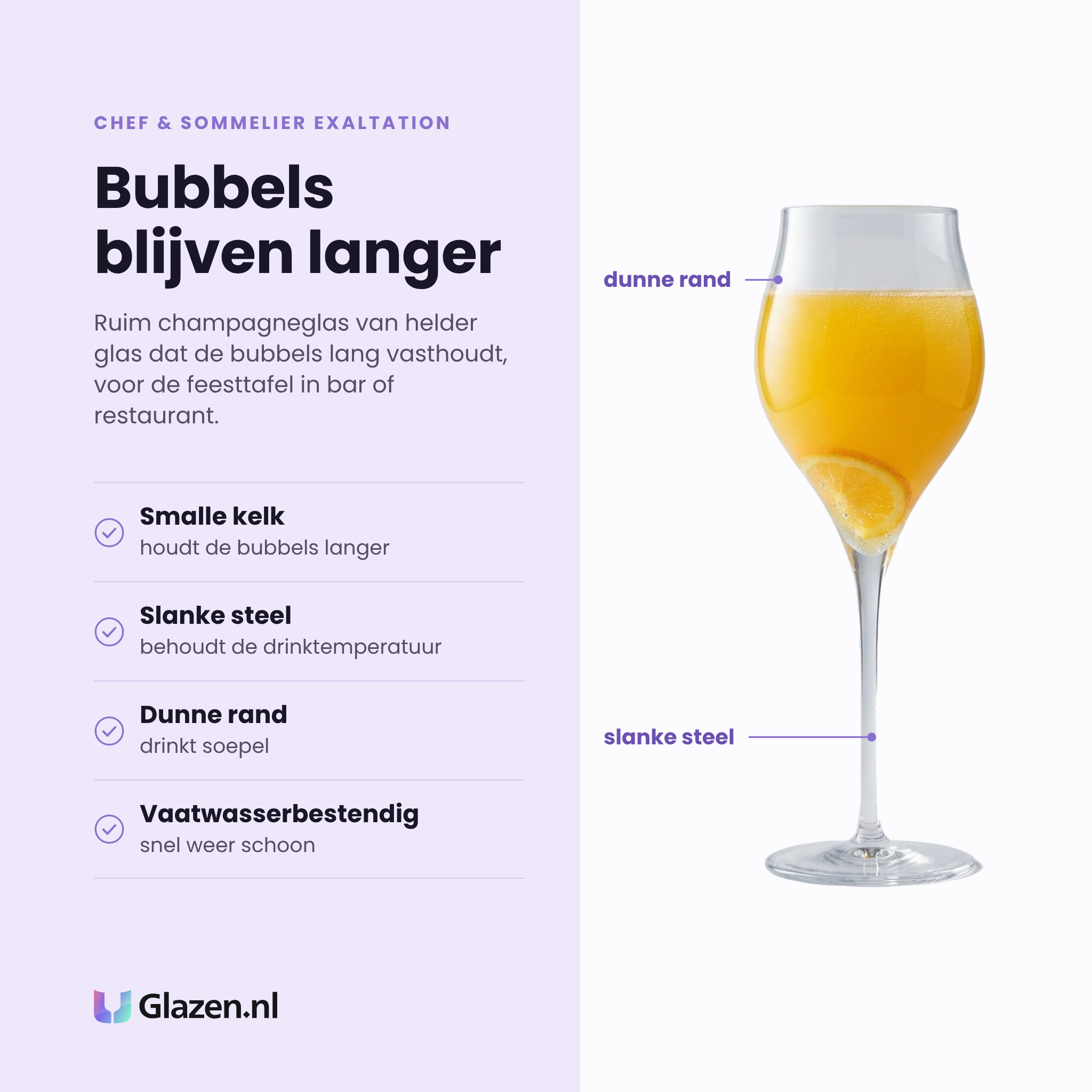 Chef & Sommelier Exaltation champagneflute 30 cl eigenschappen: smalle kelk houdt de bubbels, slanke steel, dunne rand, vaatwasserbestendig