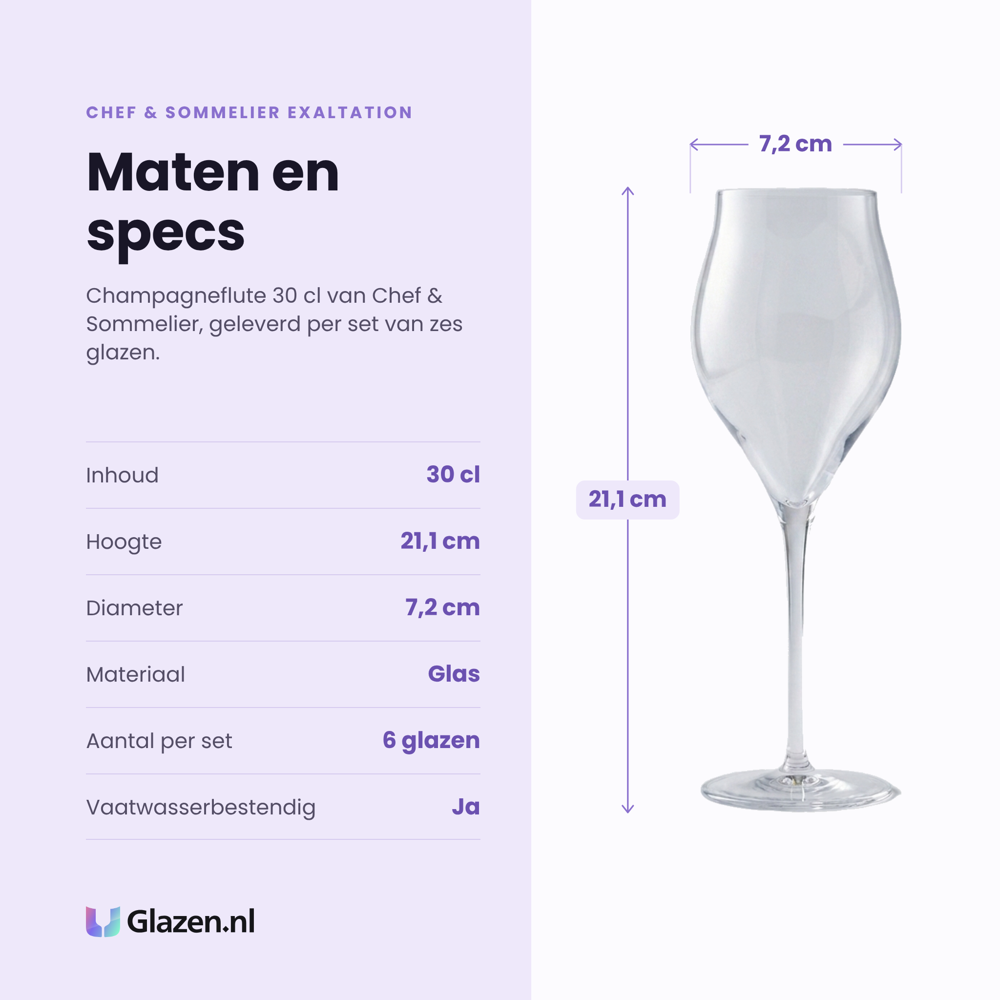 Chef & Sommelier Exaltation champagneflute 30 cl specificaties: inhoud 30 cl, hoogte 21,1 cm, diameter 7,2 cm, glas, set van 6