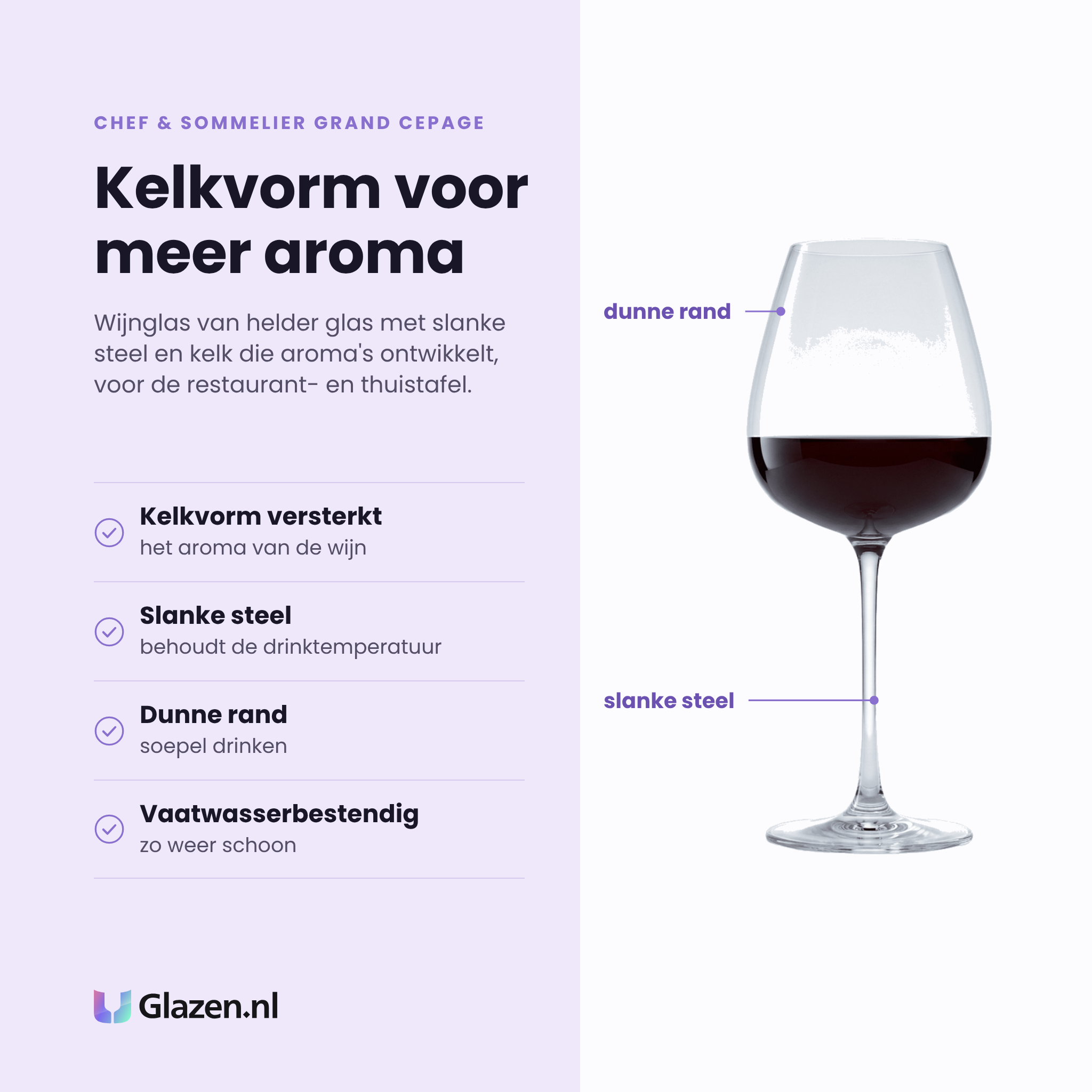 Chef & Sommelier Grand Cepage wijnglas 47 cl eigenschappen: kelkvorm versterkt het aroma, slanke steel, dunne rand, vaatwasserbestendig