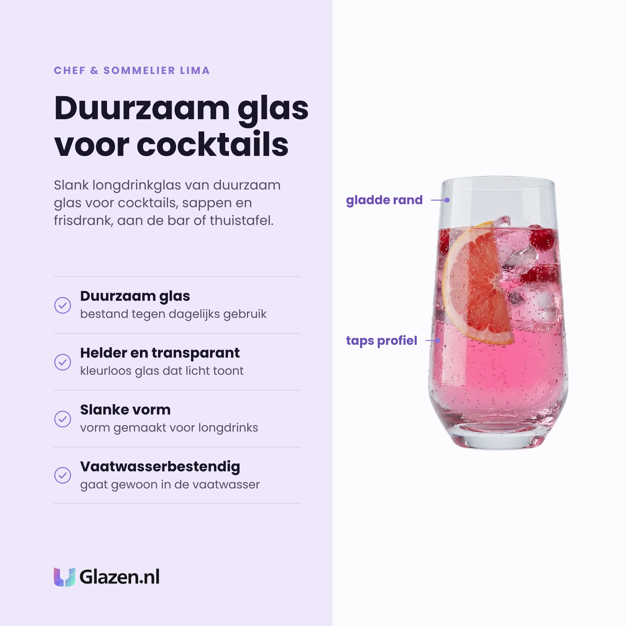 Chef & Sommelier Lima longdrinkglas 40 cl eigenschappen: duurzaam glas, helder en transparant, slanke vorm voor longdrinks, vaatwasserbestendig