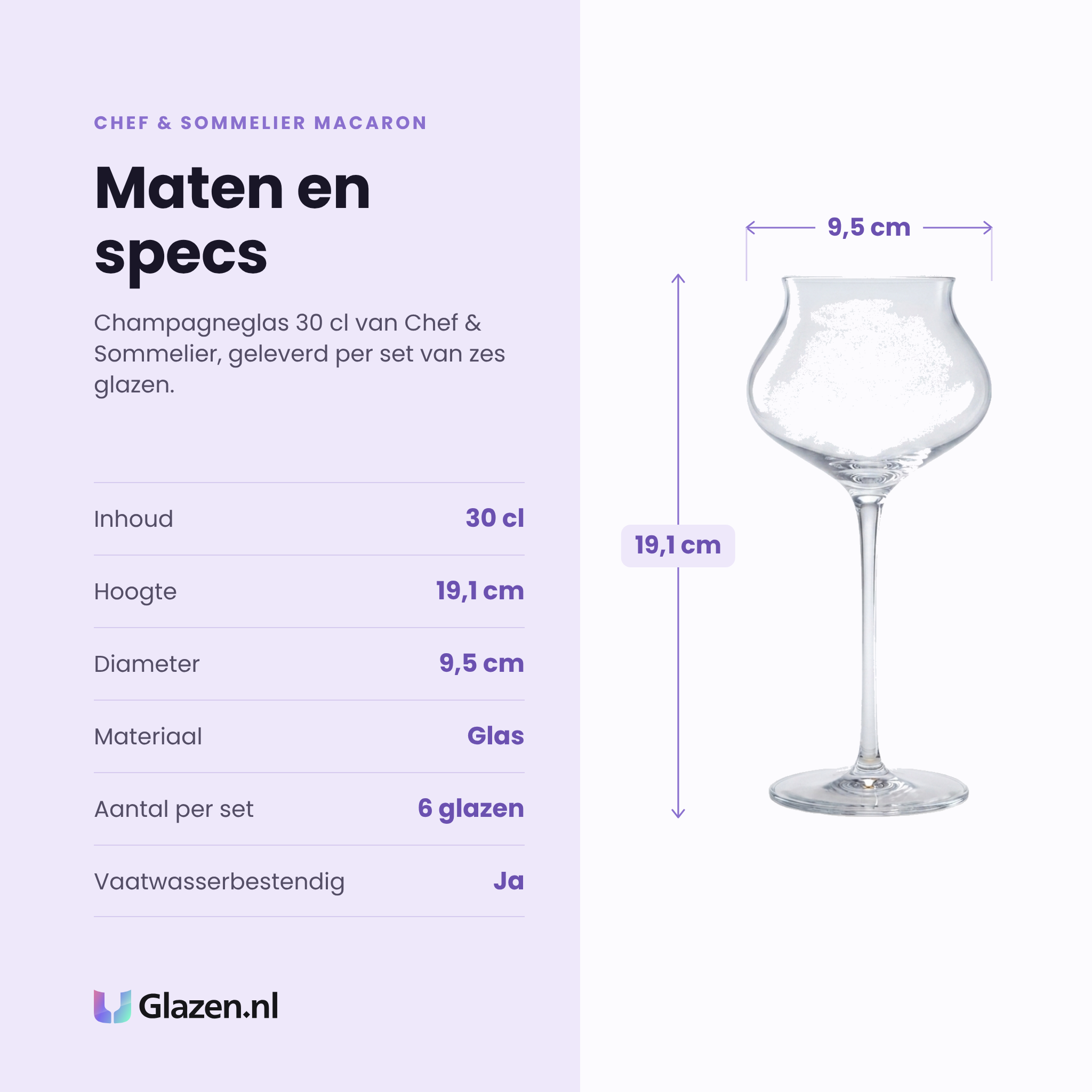 Chef & Sommelier Macaron champagneglas 30 cl specificaties: inhoud 30 cl, hoogte 19,1 cm, diameter 9,5 cm, glas, set van 6