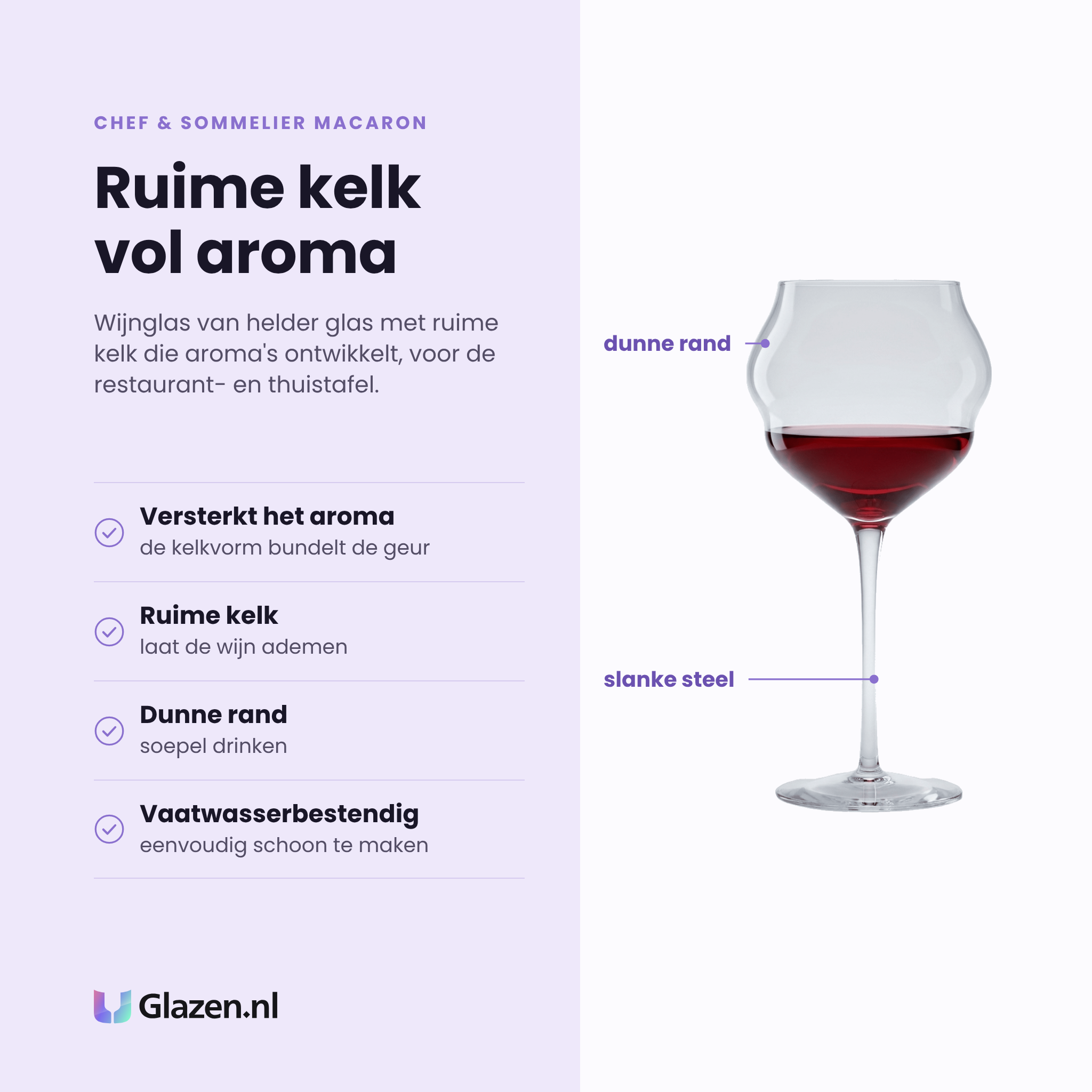 Chef & Sommelier Macaron wijnglas 40 cl eigenschappen: kelkvorm versterkt het aroma, ruime kelk laat de wijn ademen, dunne rand, vaatwasserbestendig