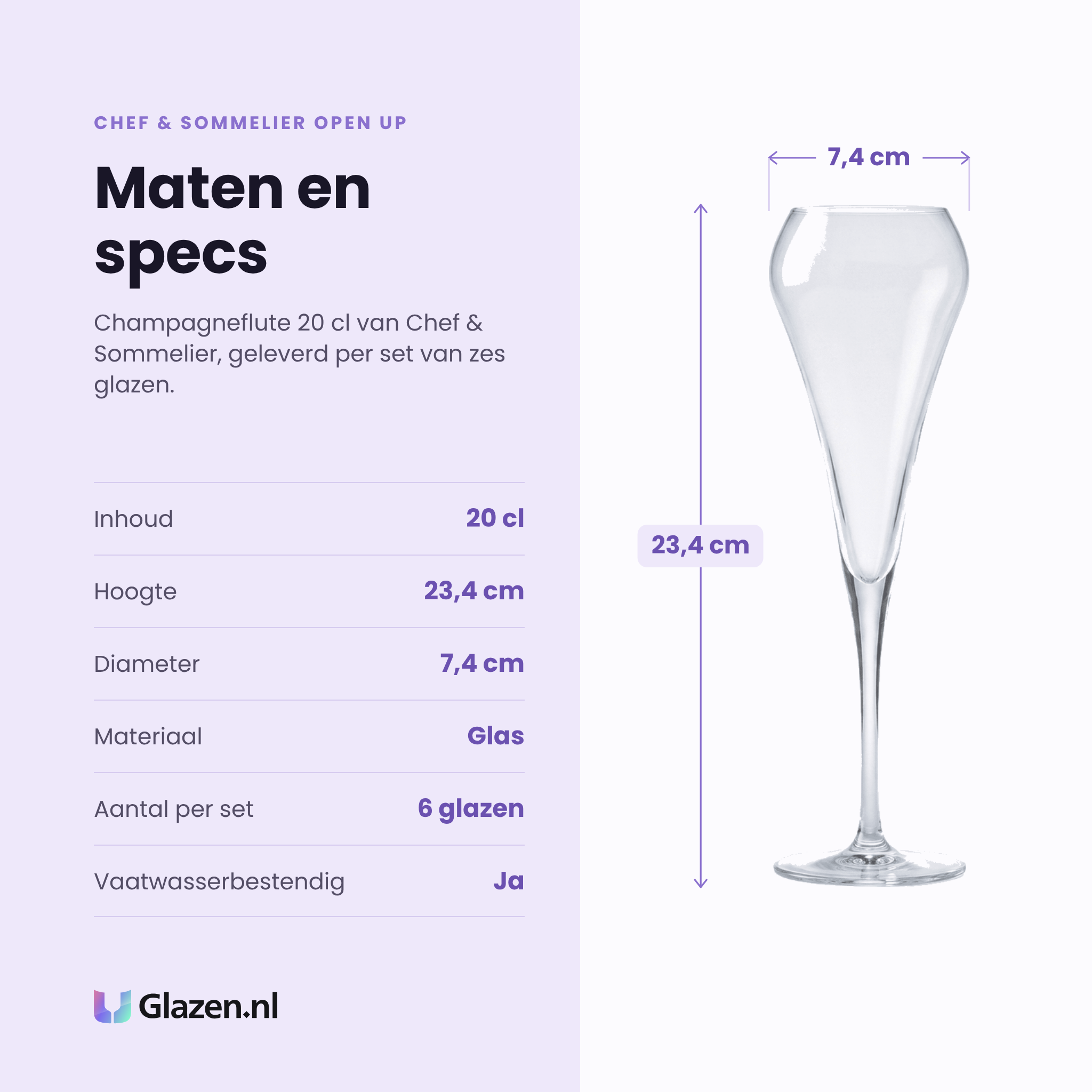 Chef & Sommelier Open Up champagneglas 20 cl specificaties: inhoud 20 cl, hoogte 23,4 cm, diameter 7,4 cm, glas, set van 6