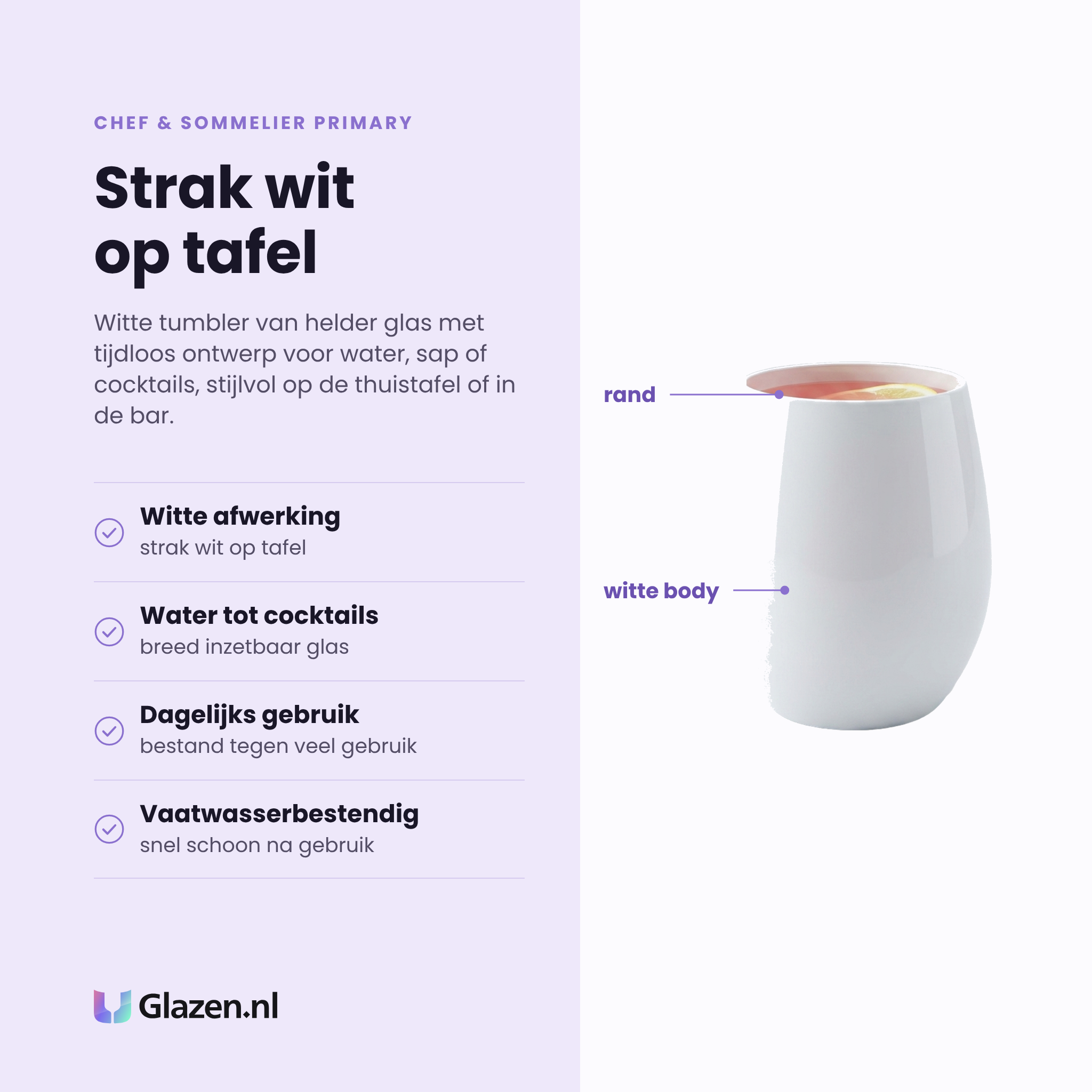 Chef & Sommelier Primary tumbler 36 cl eigenschappen: strakke witte afwerking, voor water tot cocktails, bestand tegen dagelijks gebruik, vaatwasserbestendig