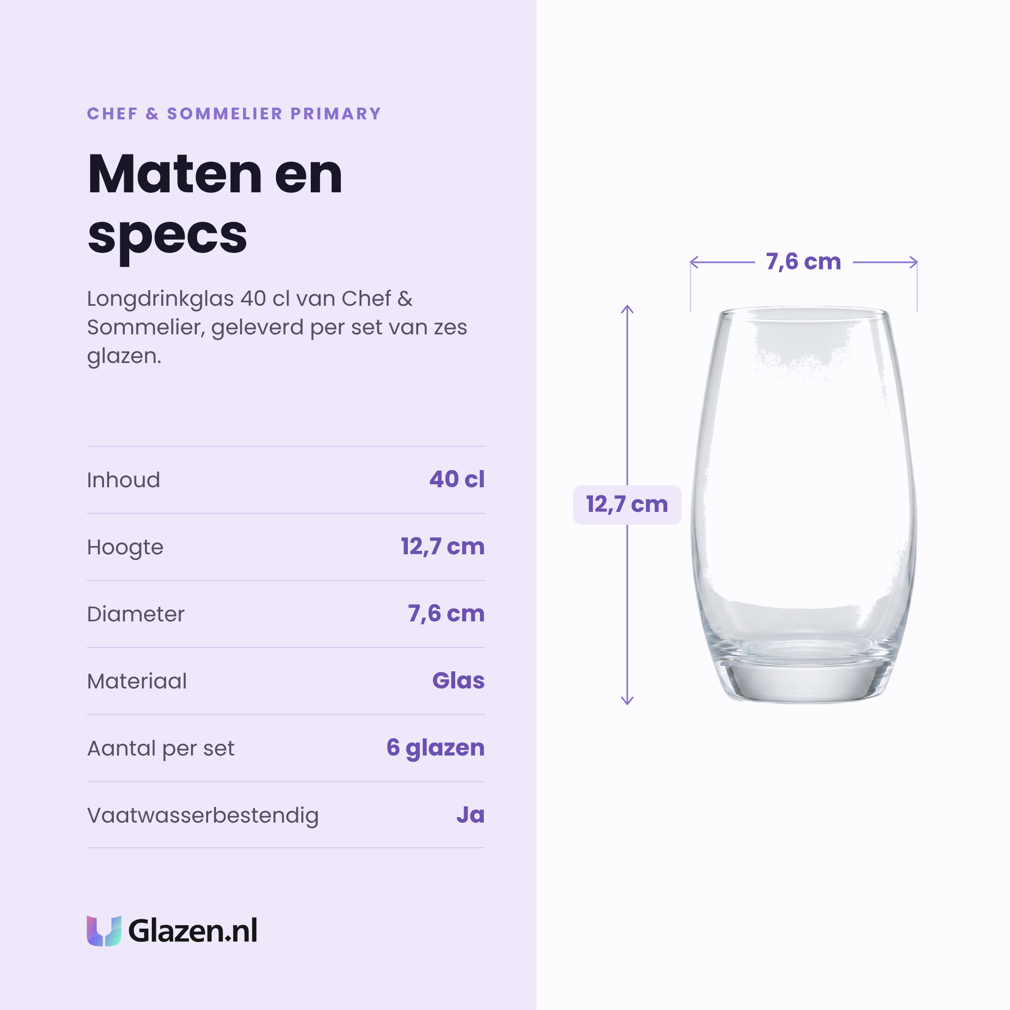 Chef & Sommelier Primary longdrinkglas 40 cl specificaties: inhoud 40 cl, hoogte 12,7 cm, diameter 7,6 cm, glas, set van 6