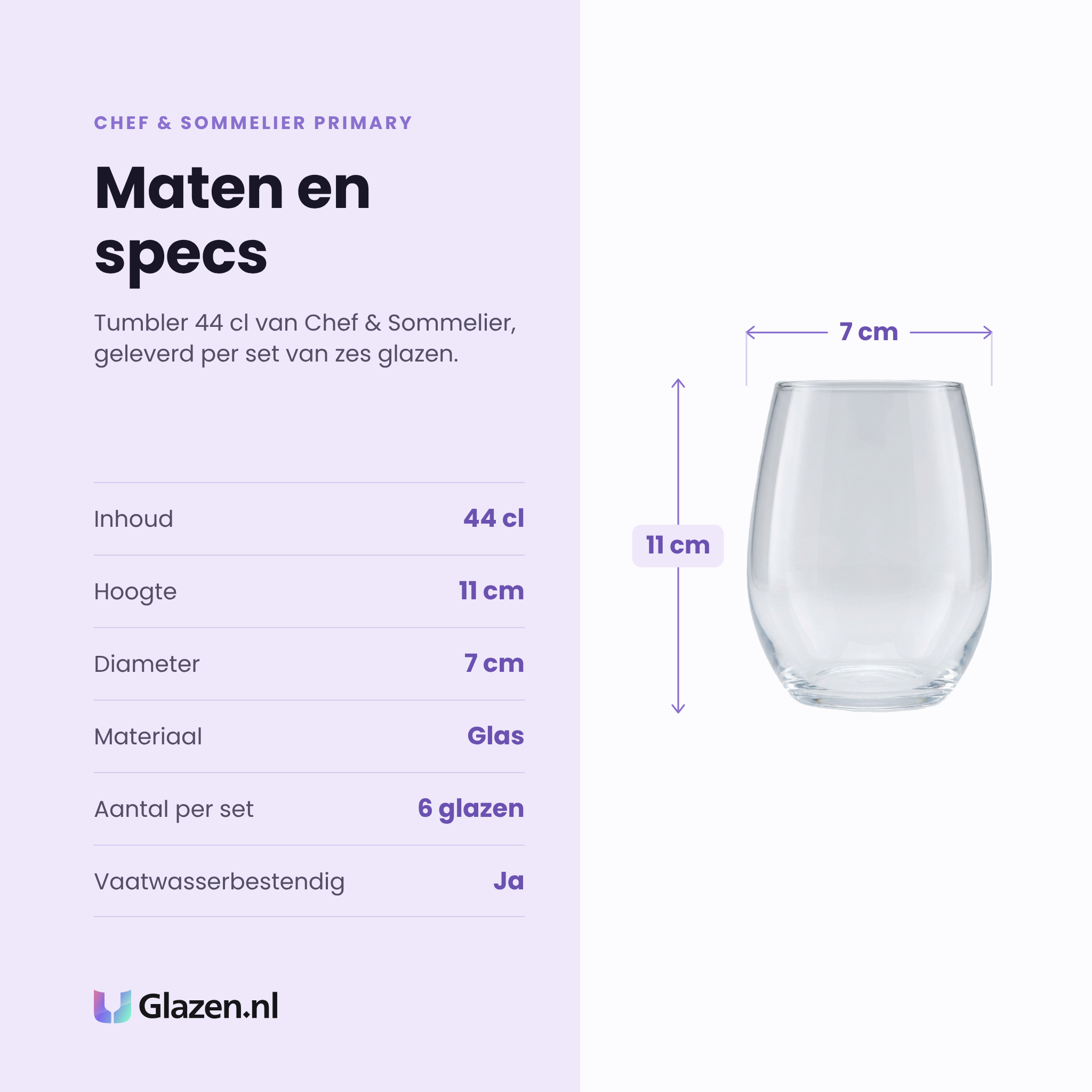 Chef & Sommelier Primary tumbler 44 cl specificaties: inhoud 44 cl, hoogte 11 cm, diameter 7 cm, glas, set van 6