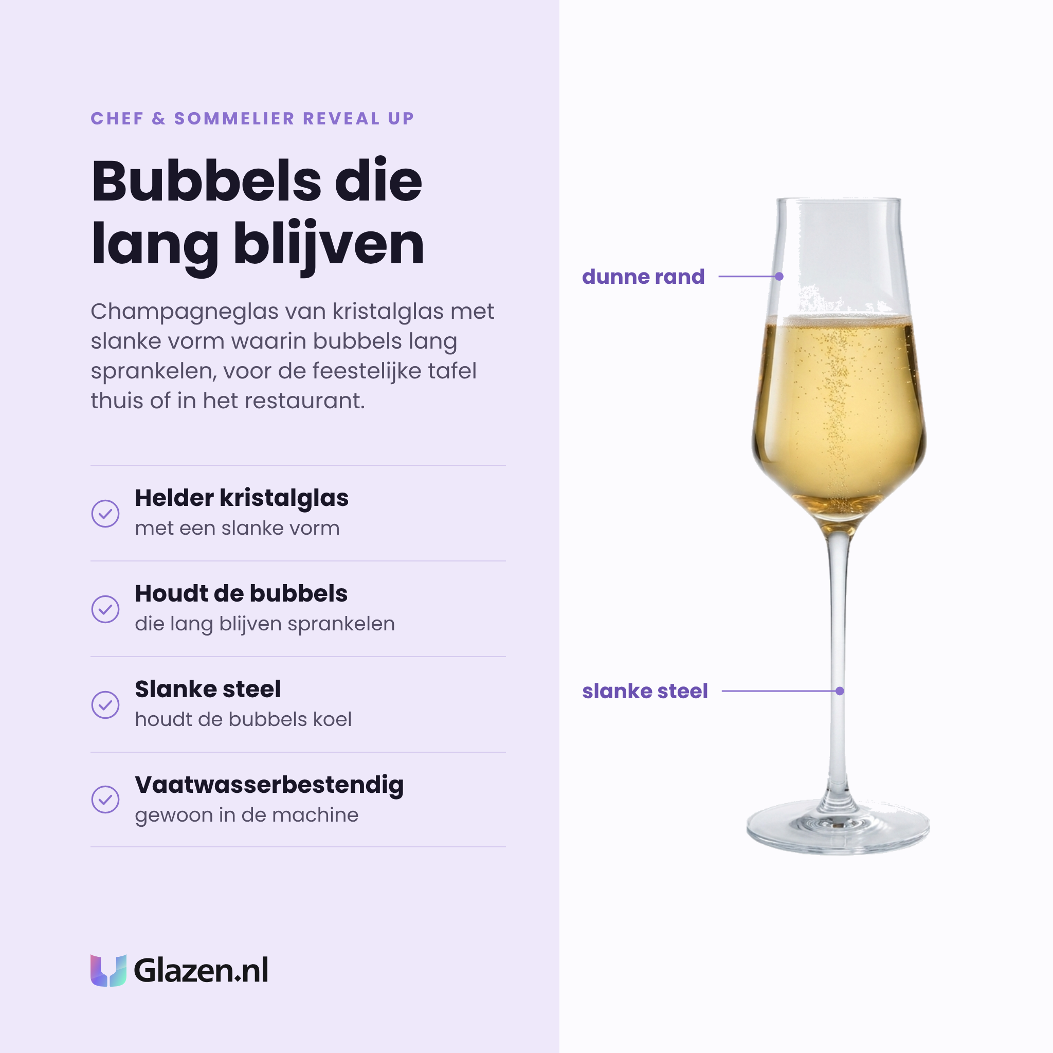 Chef & Sommelier Reveal Up champagneflute 21 cl eigenschappen: helder kristalglas, houdt de bubbels, slanke steel, vaatwasserbestendig