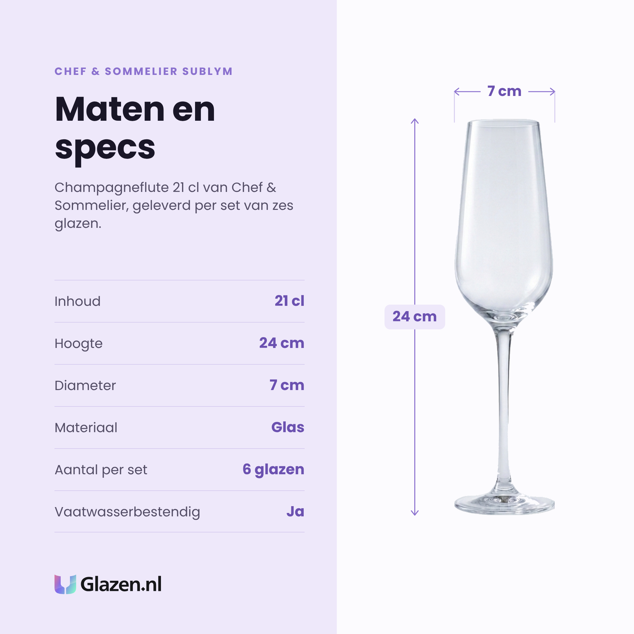 Chef & Sommelier Sublym champagneflute 21 cl specificaties: inhoud 21 cl, hoogte 24 cm, diameter 7 cm, glas, set van 6