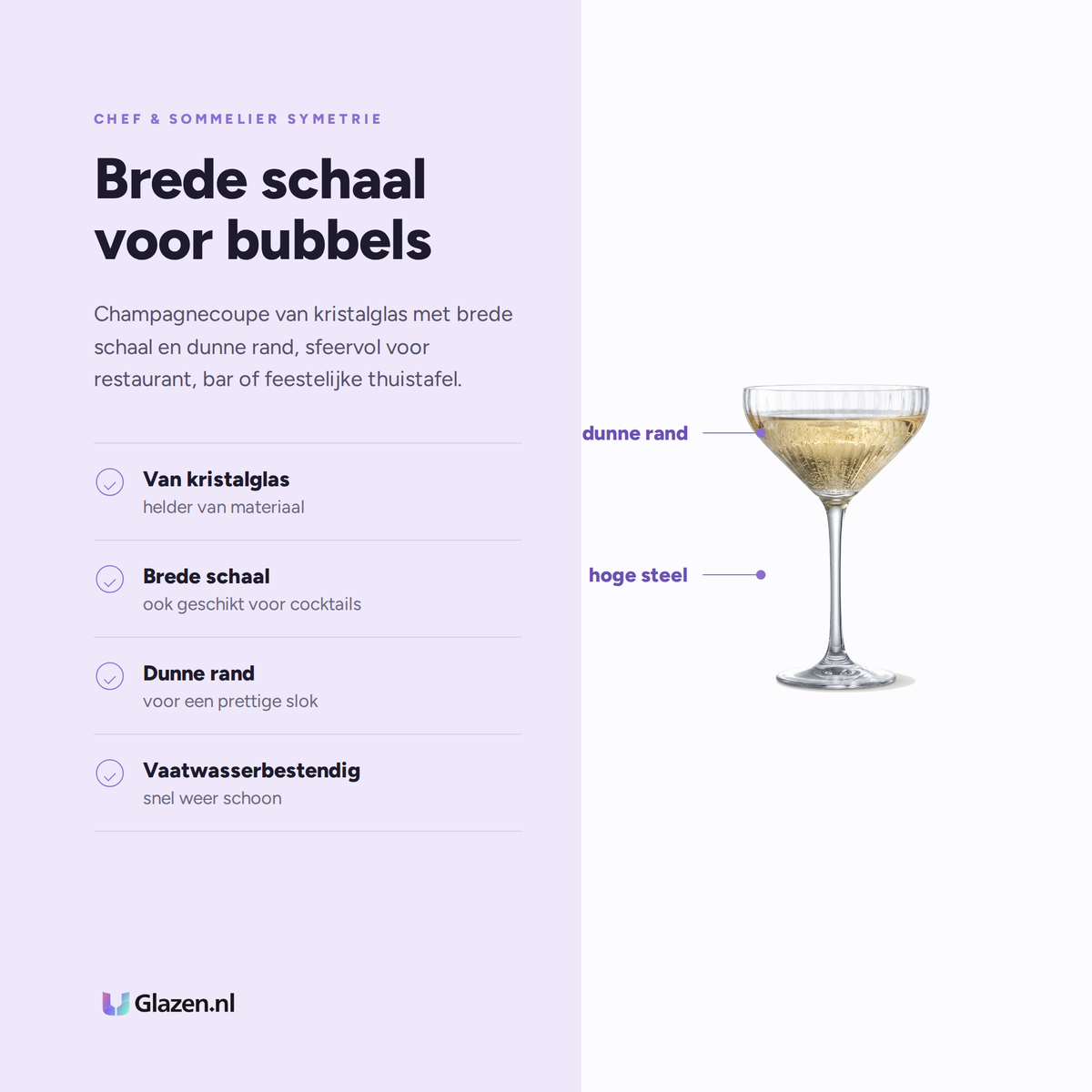 Chef & Sommelier Symetrie Champagneglas / Coupe 21 Cl eigenschappen: van kristalglas, brede schaal, dunne rand, vaatwasserbestendig