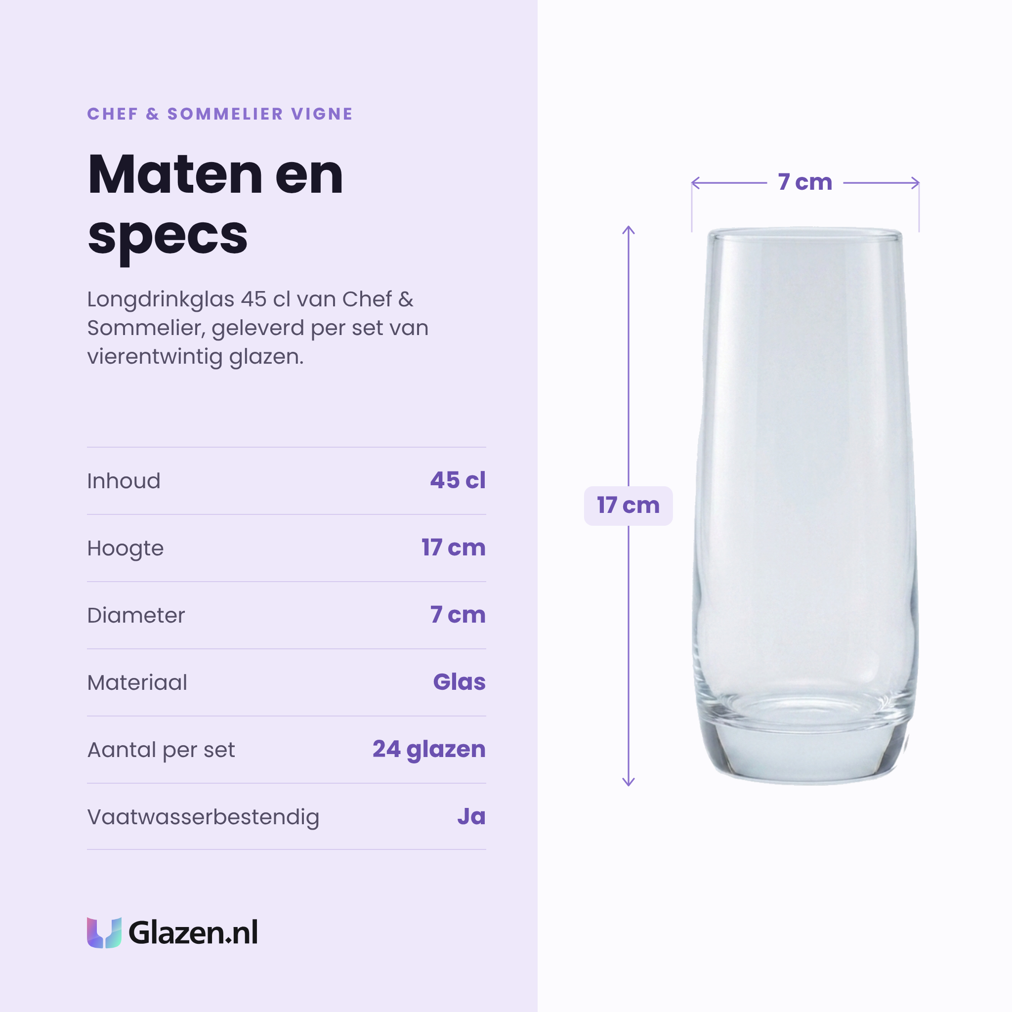 Chef & Sommelier Vigne longdrinkglas 45 cl specificaties: inhoud 45 cl, hoogte 17 cm, diameter 7 cm, glas, set van 24