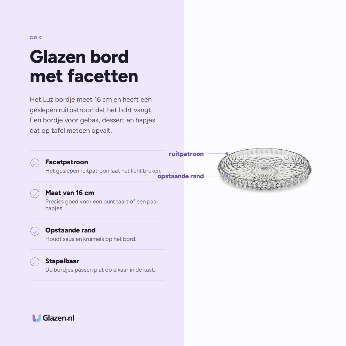 Eigenschappen van het COK Luz glazen bord 16 cm