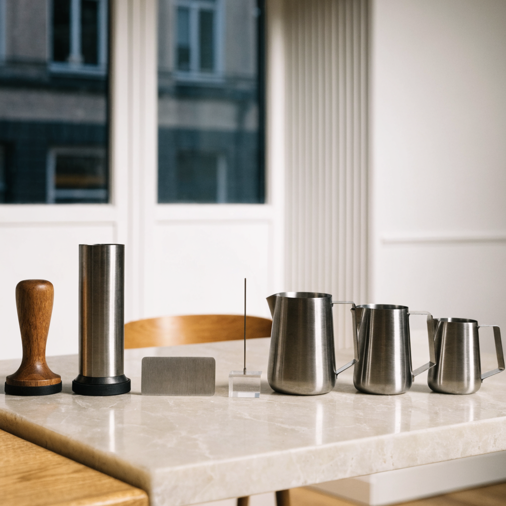 Tampers, leveling tool en melkkannen in oplopende maten naast elkaar - Glazen.nl