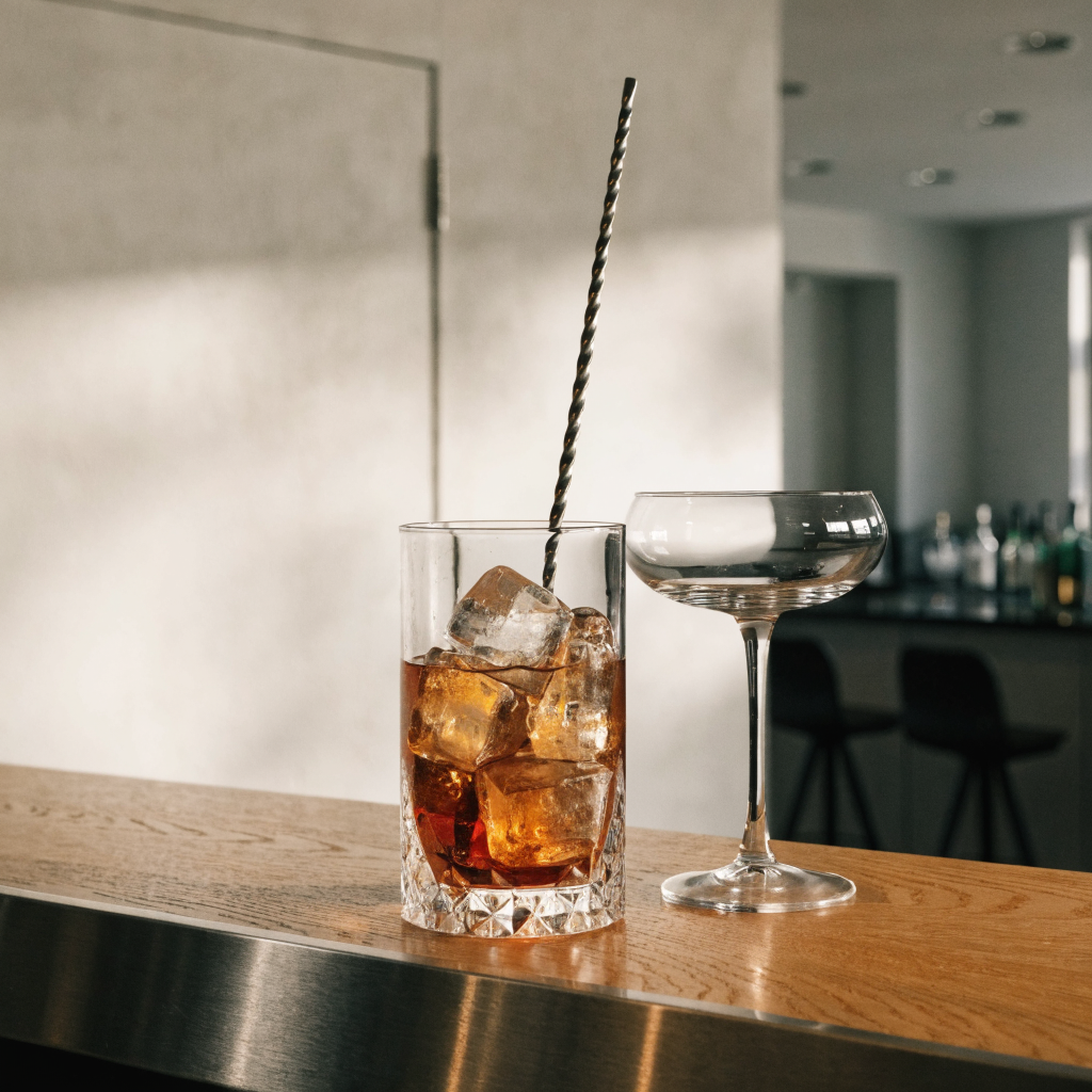 Barlepel in een mengglas met helder ijs en een geroerde cocktail - Glazen.nl