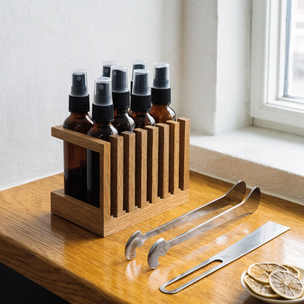 Aromaflesjes in een houten rek naast garneertools - Glazen.nl
