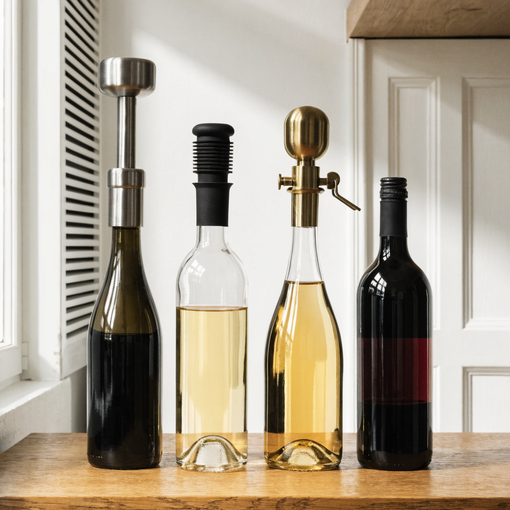 Vier wijnstoppers naast elkaar, waaronder een champagnestopper met beugel - Glazen.nl