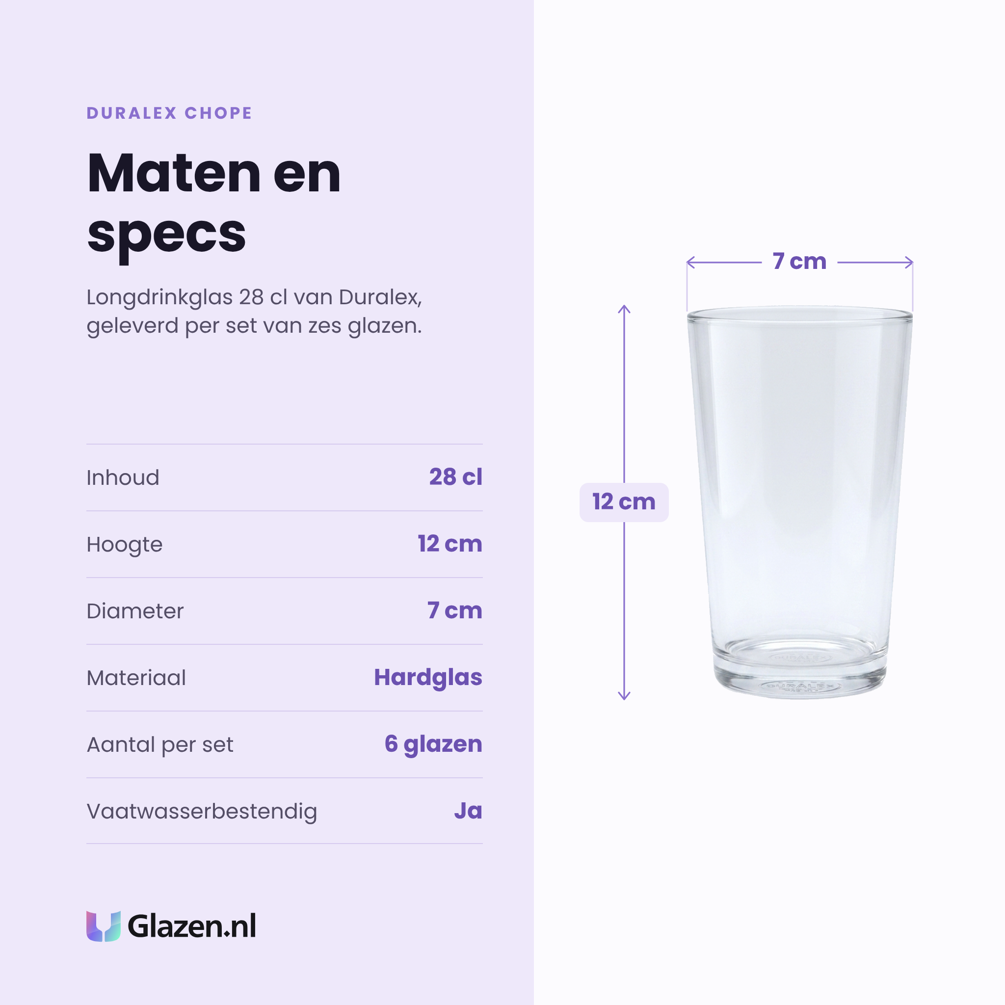 Duralex Chope longdrinkglas 28 cl specificaties: inhoud 28 cl, hoogte 12 cm, diameter 7 cm, hardglas, set van 6