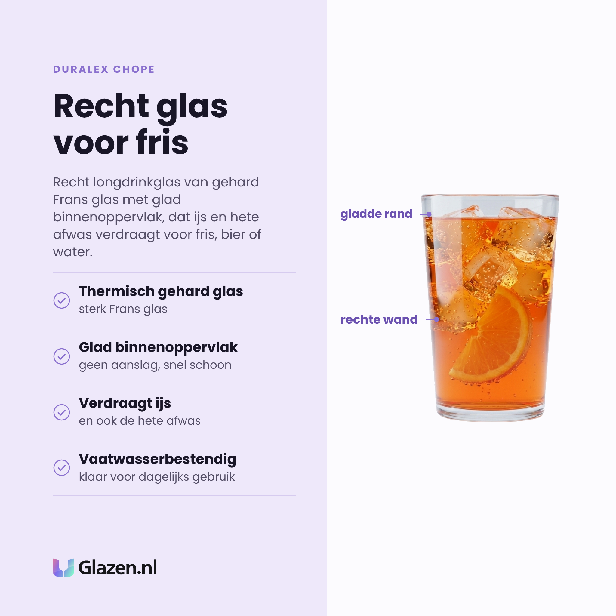 Duralex Chope longdrinkglas 33 cl eigenschappen: thermisch gehard glas, glad binnenoppervlak, verdraagt ijs en hete afwas, vaatwasserbestendig