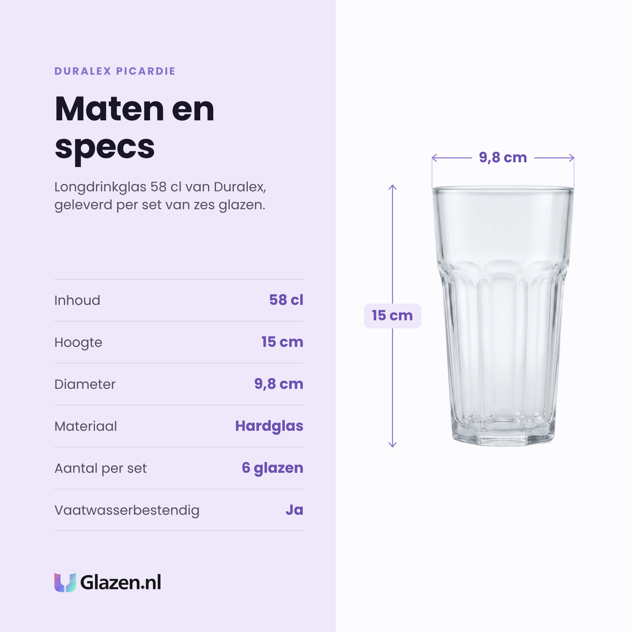 Duralex Picardie longdrinkglas 58 cl specificaties: inhoud 58 cl, hoogte 15 cm, diameter 9,8 cm, hardglas, set van 6