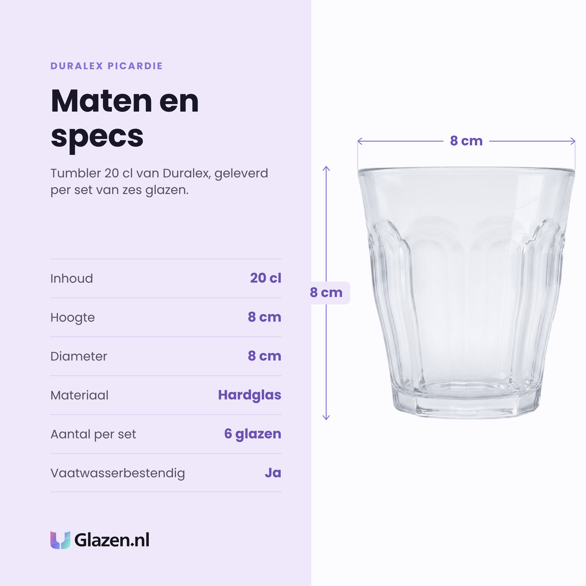 Duralex Picardie tumbler 20 cl specificaties: inhoud 20 cl, hoogte 8 cm, diameter 8 cm, hardglas, set van 6
