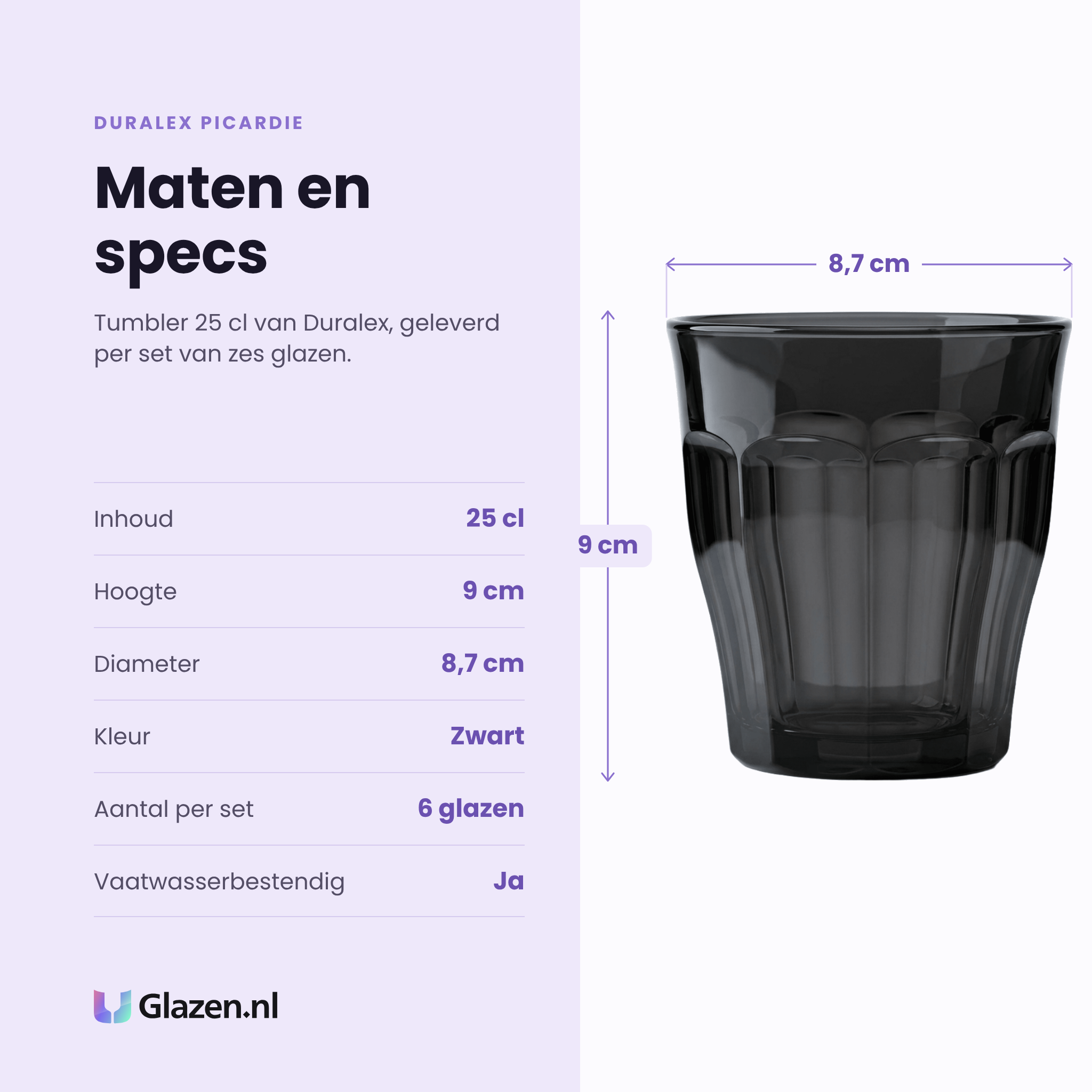 Duralex Picardie tumbler 25 cl zwart specificaties: inhoud 25 cl, hoogte 9 cm, diameter 8,7 cm, zwart glas, set van 6
