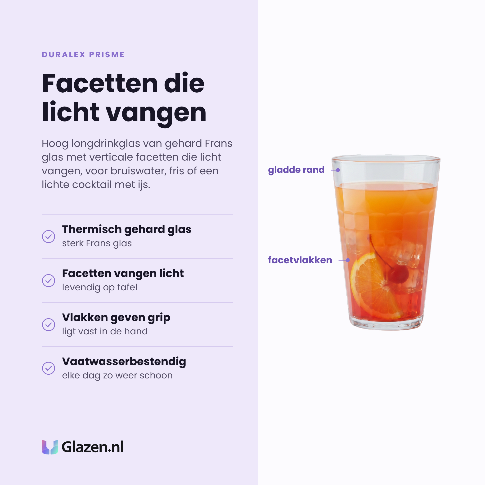 Duralex Prisme longdrinkglas 33 cl eigenschappen: thermisch gehard glas, facetten vangen het licht, vlakken geven grip, vaatwasserbestendig
