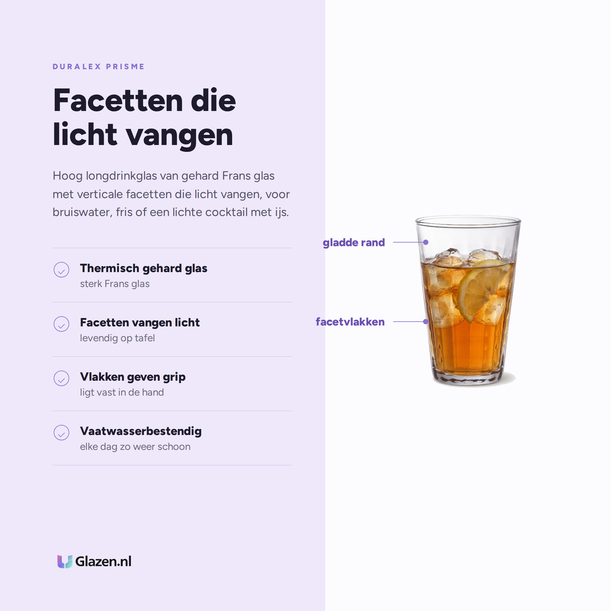 Duralex Prisme Longdrinkglas 33 Cl eigenschappen: thermisch gehard glas, facetten vangen licht, vlakken geven grip, vaatwasserbestendig